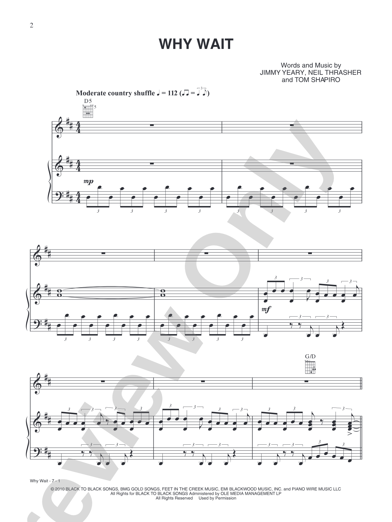 Why Wait: Piano/Vocal/Chords