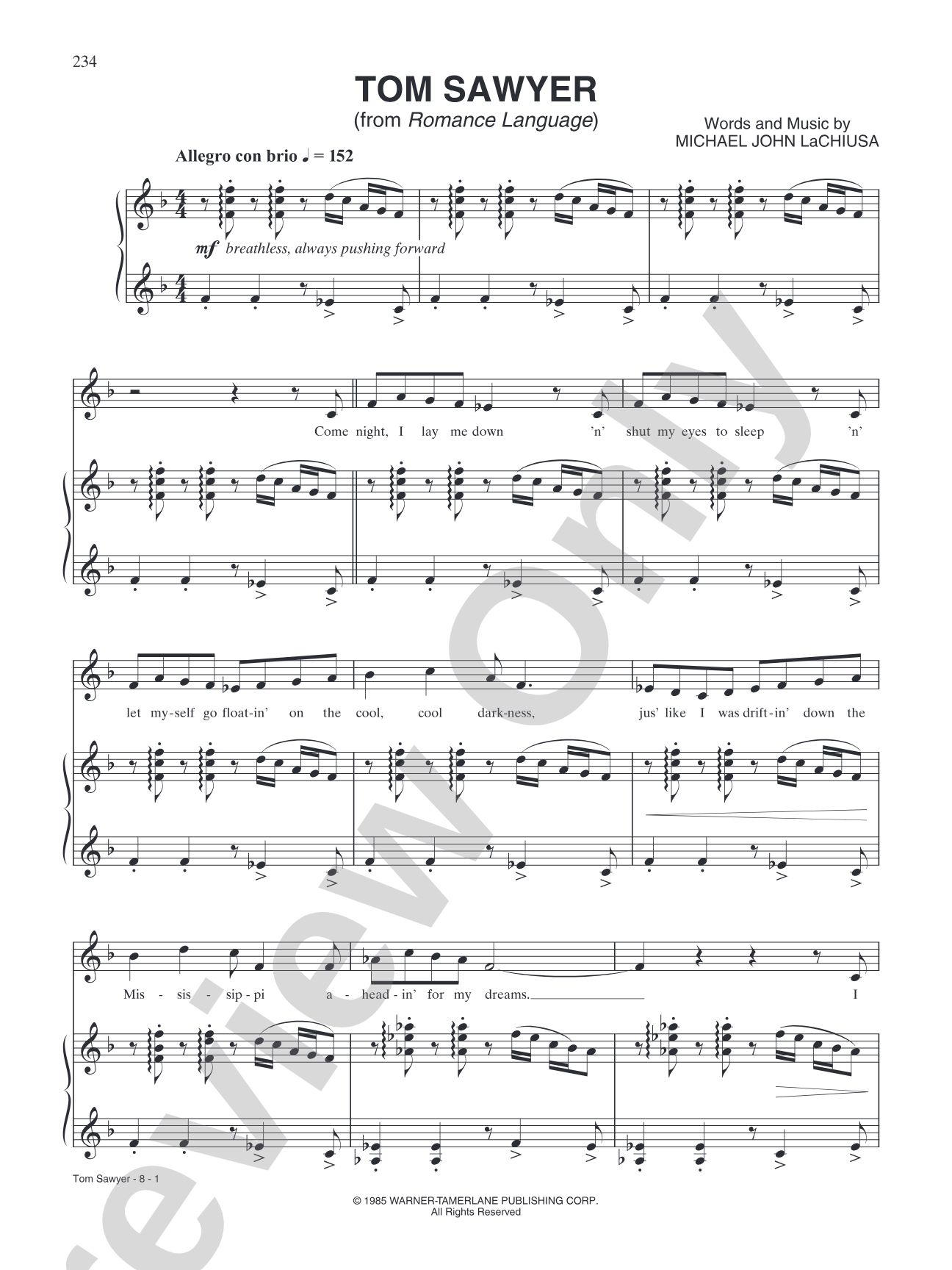 Tom Sawyer (from "Romance Language"): Piano/Vocal/Chords