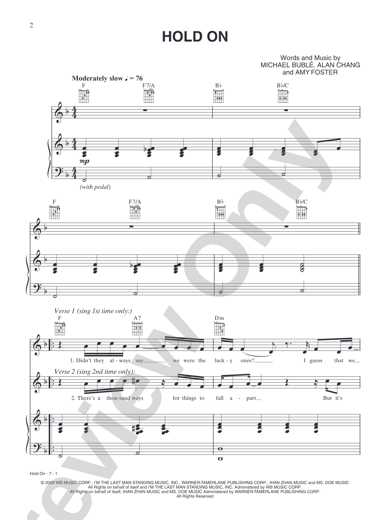 Hold On: Piano/Vocal/Chords