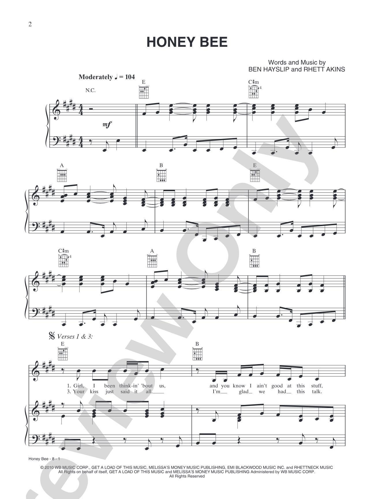 Honey Bee: Piano/Vocal/Chords