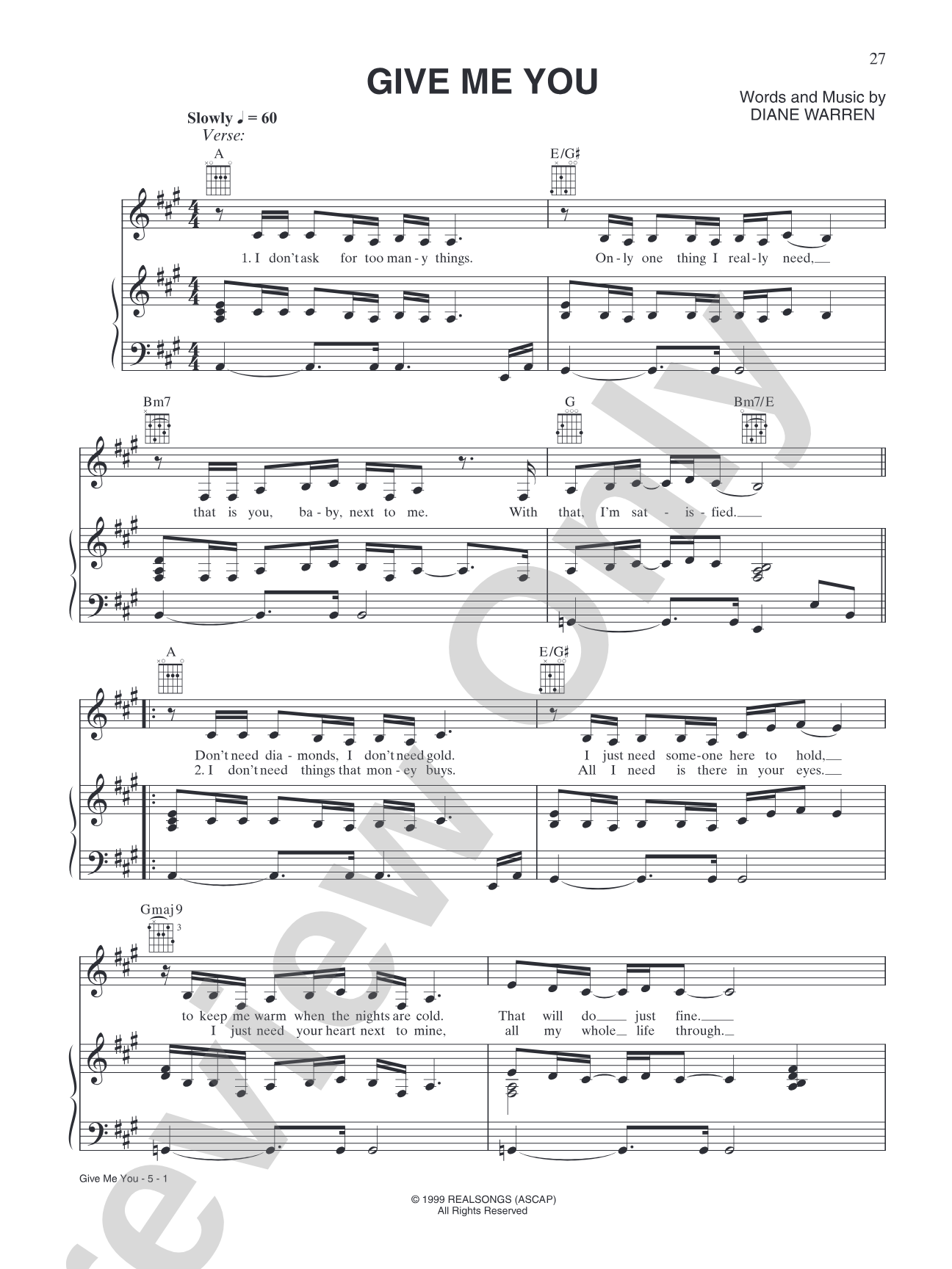 Give Me you: Piano/Vocal/Chords