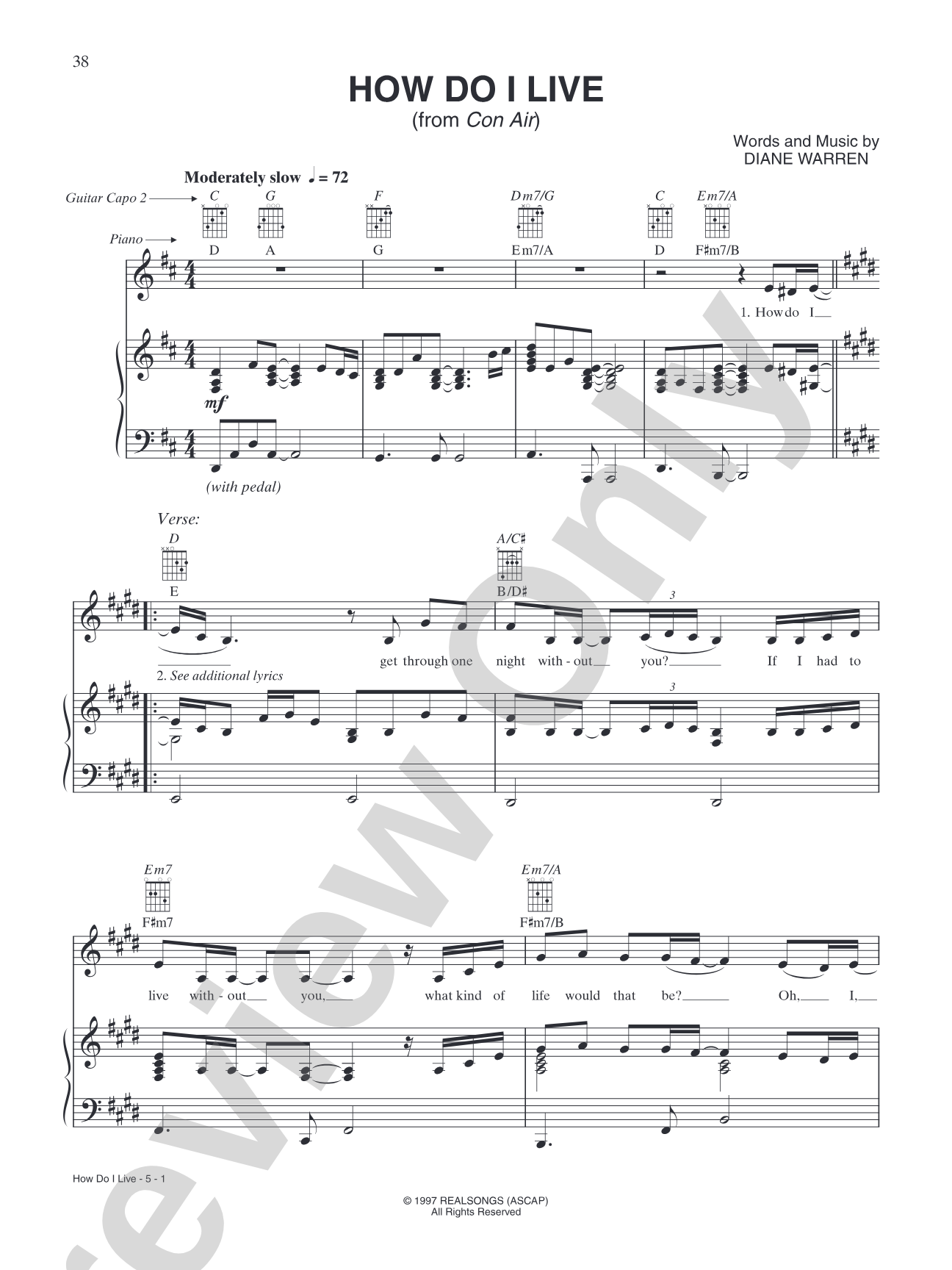 How Do I Live (from "Con Air"): Piano/Vocal/Chords