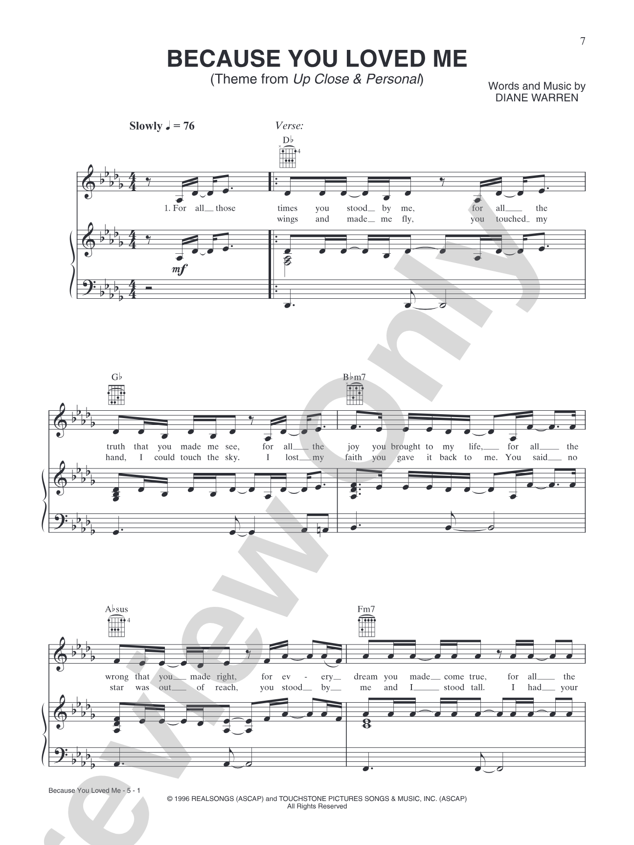 Because You Loved Me (from "Up Close and Personal"): Piano/Vocal/Chords
