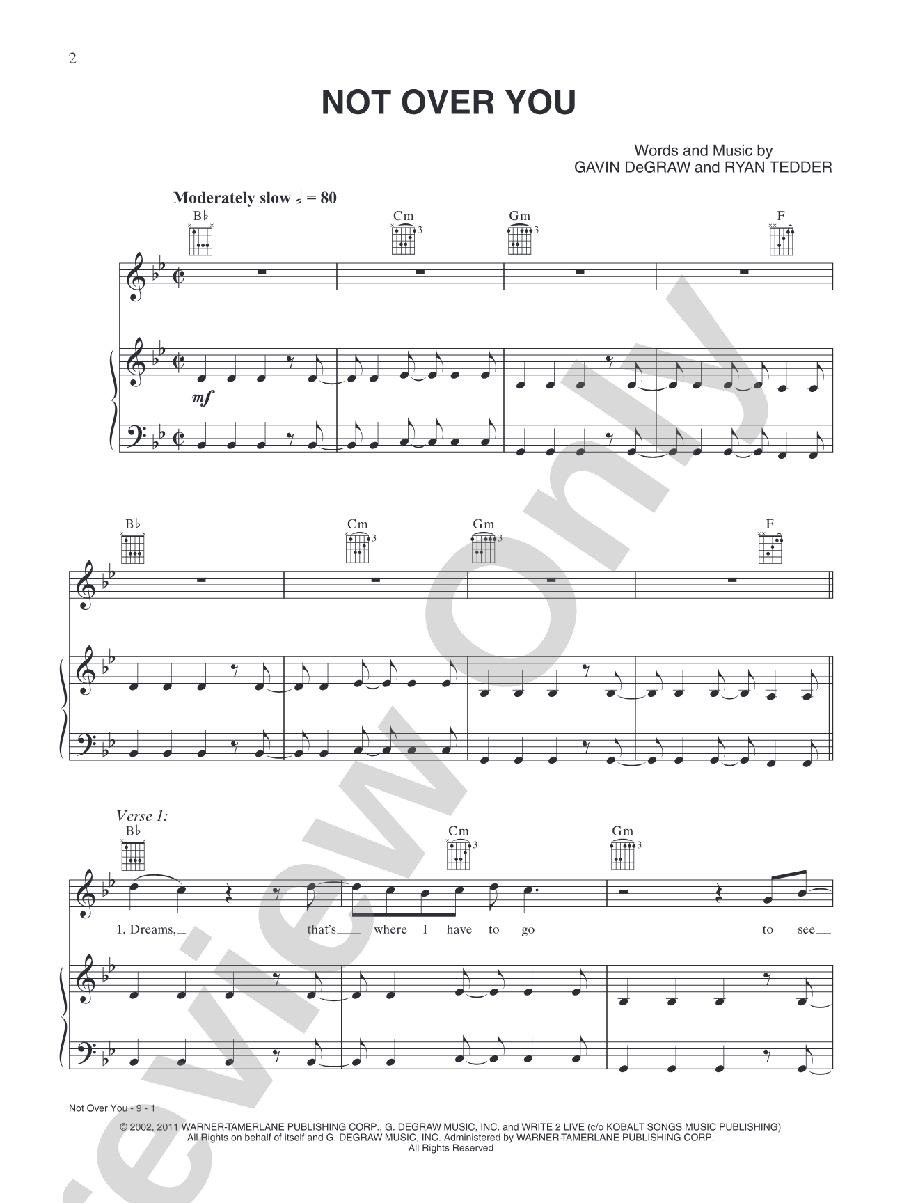 Not Over You: Piano/Vocal/Chords