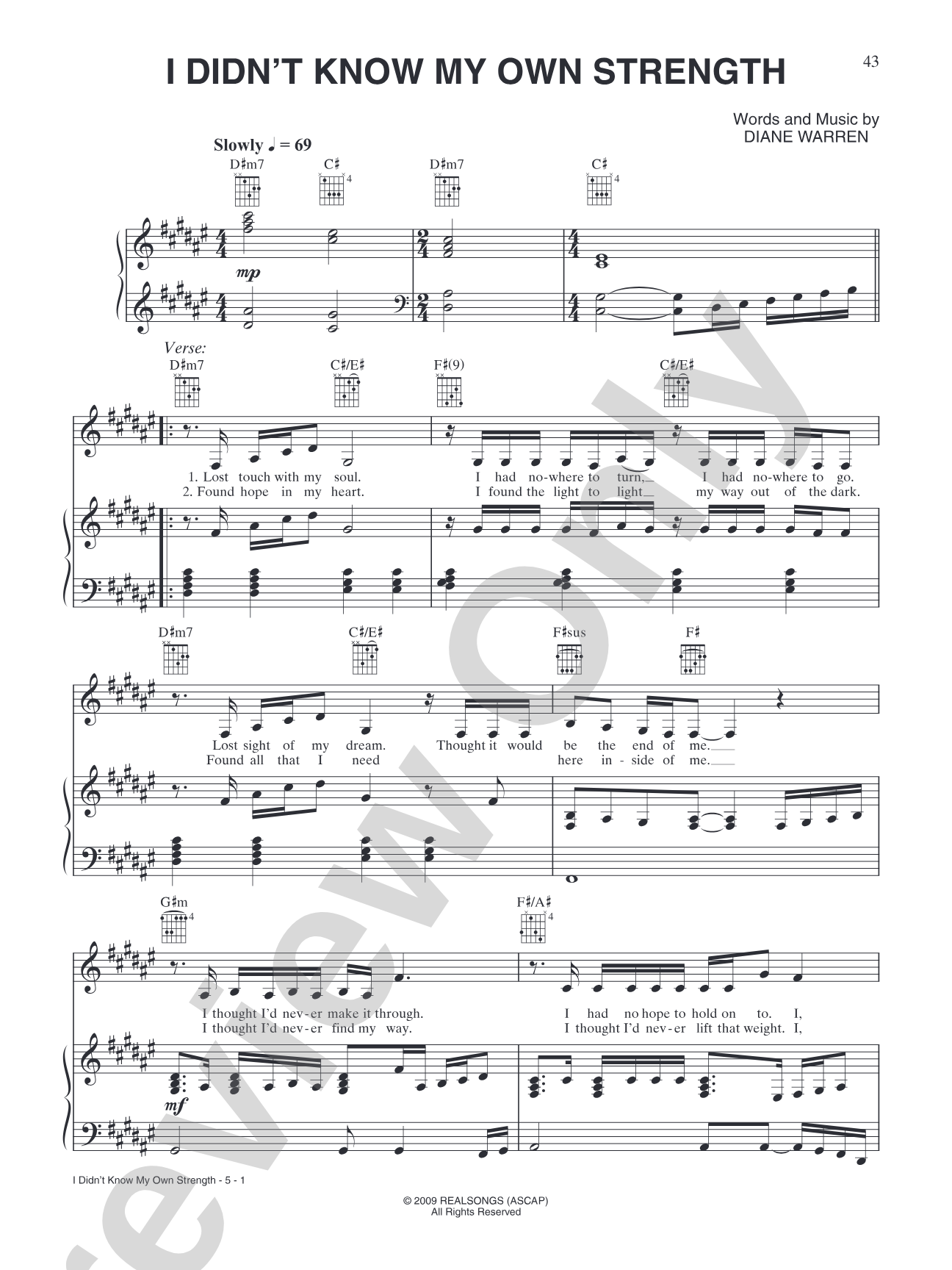 I Didn't Know My Own Strength: Piano/Vocal/Chords