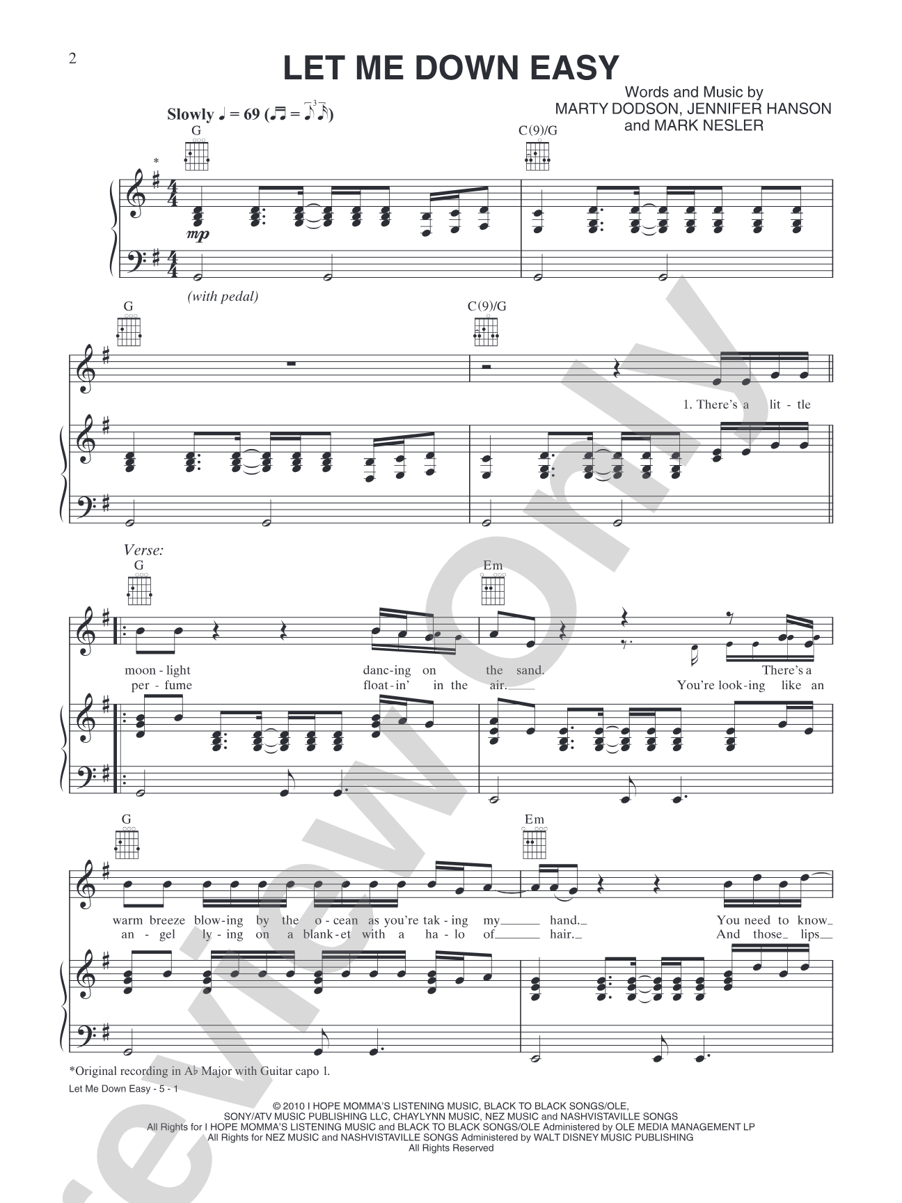 Let Me Down Easy: Piano/Vocal/Chords