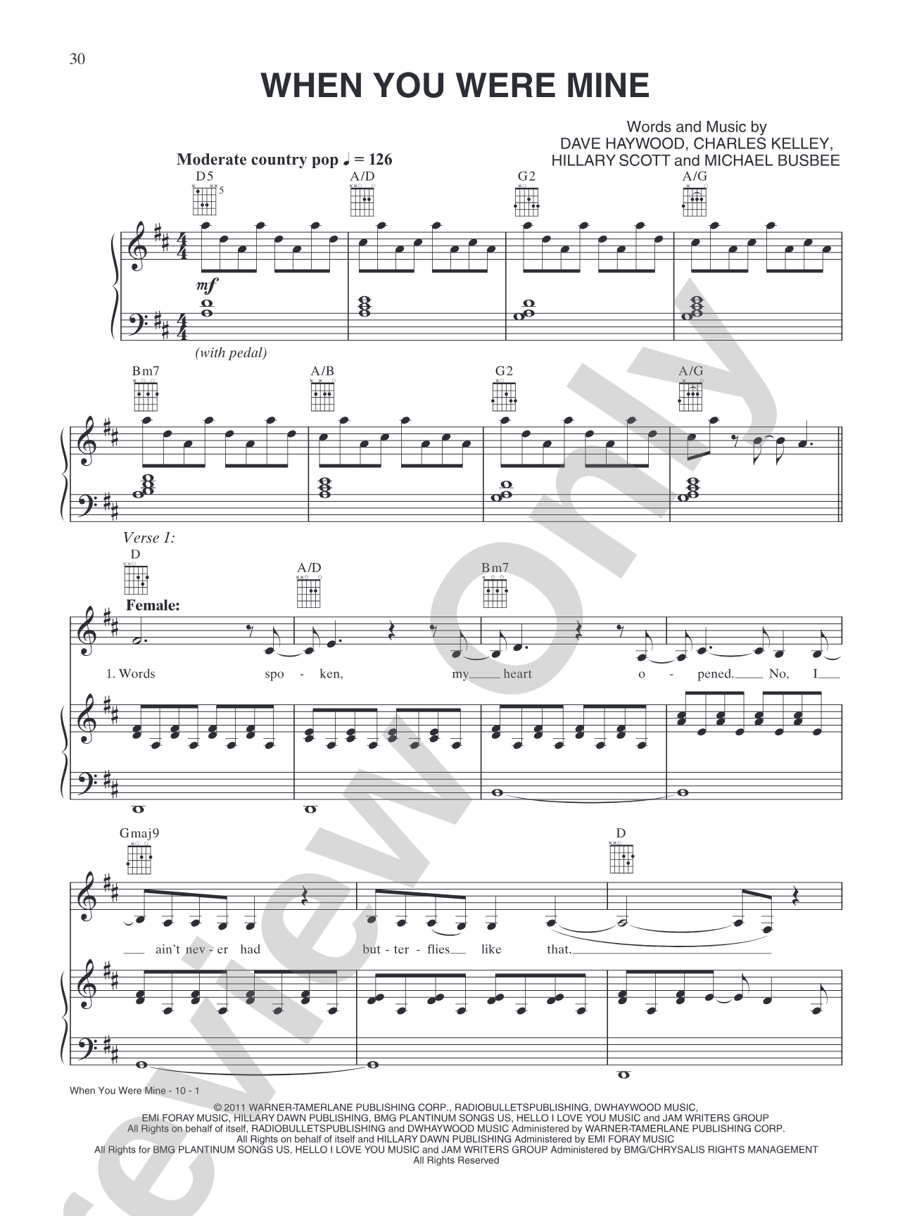 When You Were Mine: Piano/Vocal/Chords