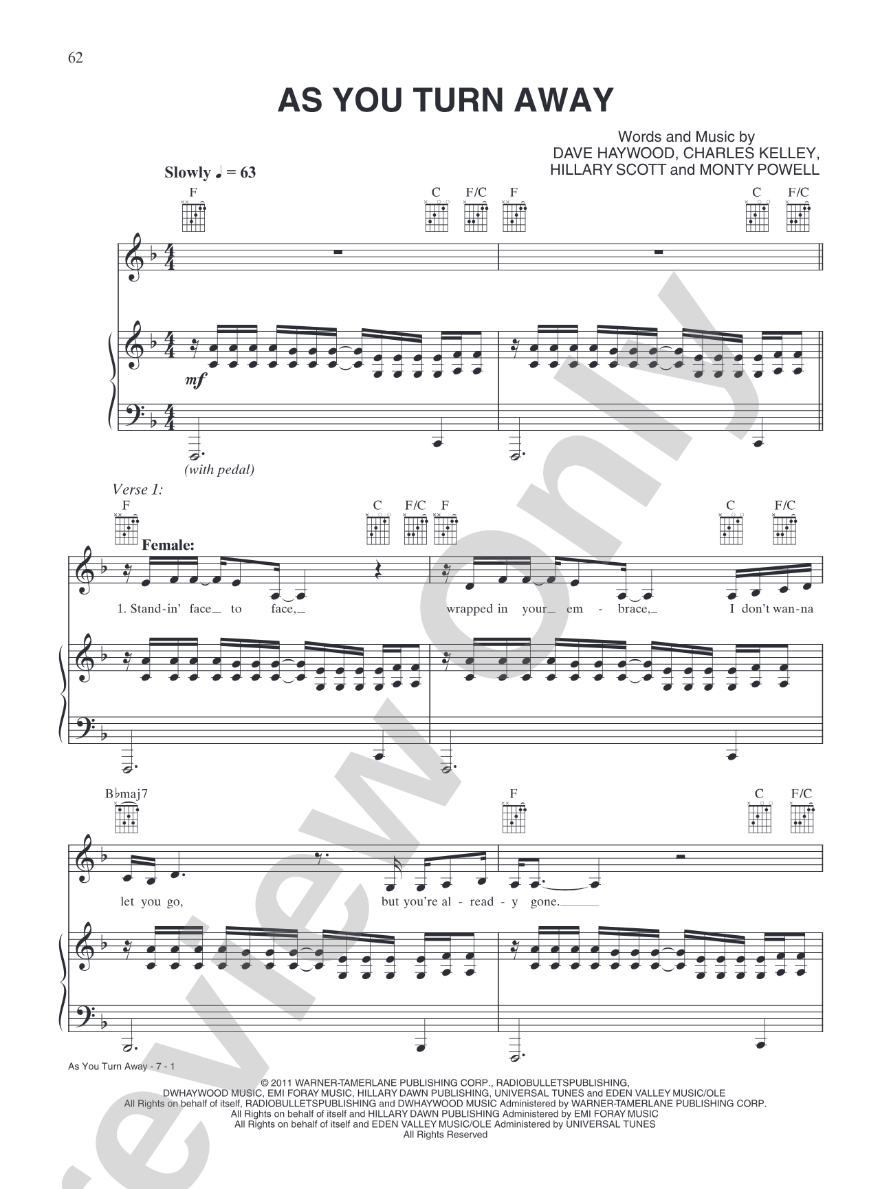 As You Turn Away: Piano/Vocal/Chords