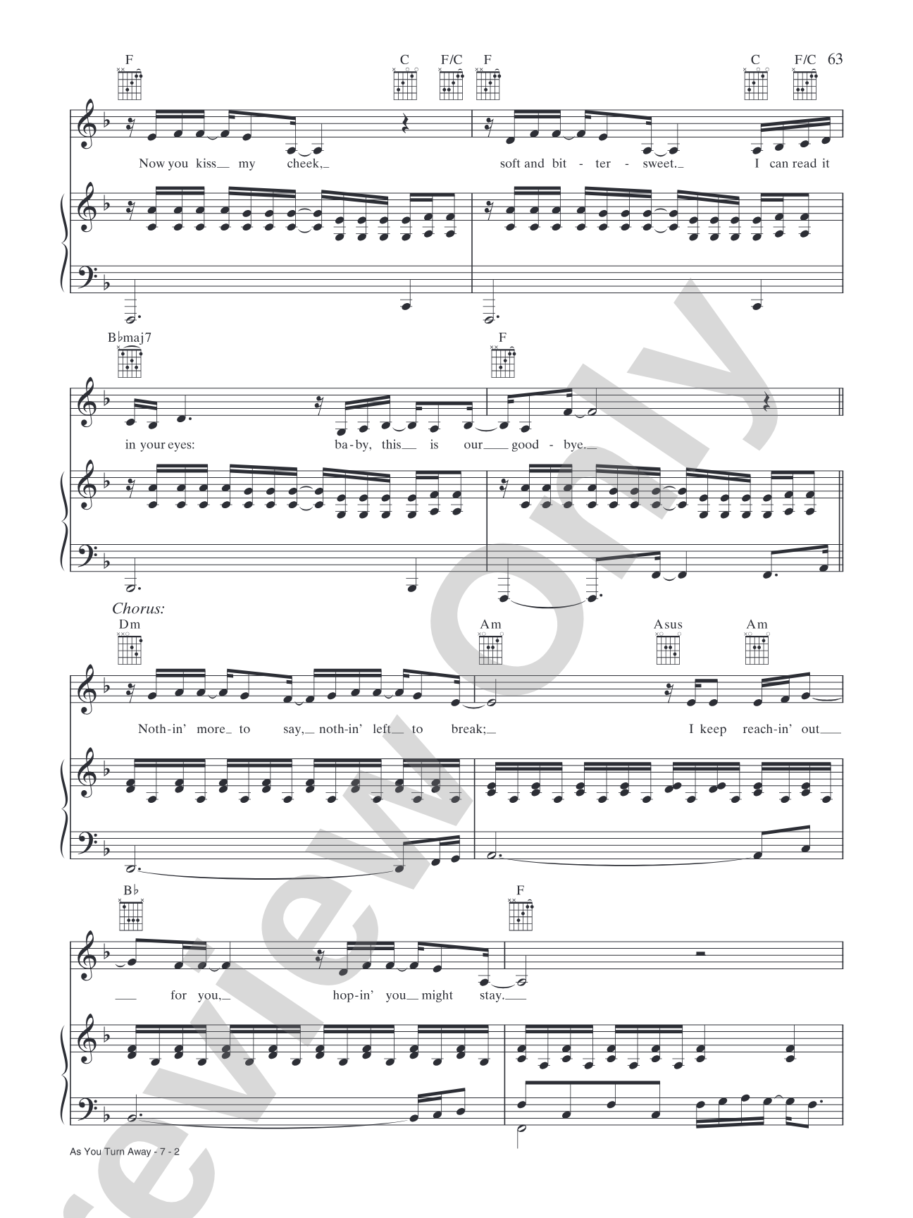 As You Turn Away: Piano/Vocal/Chords