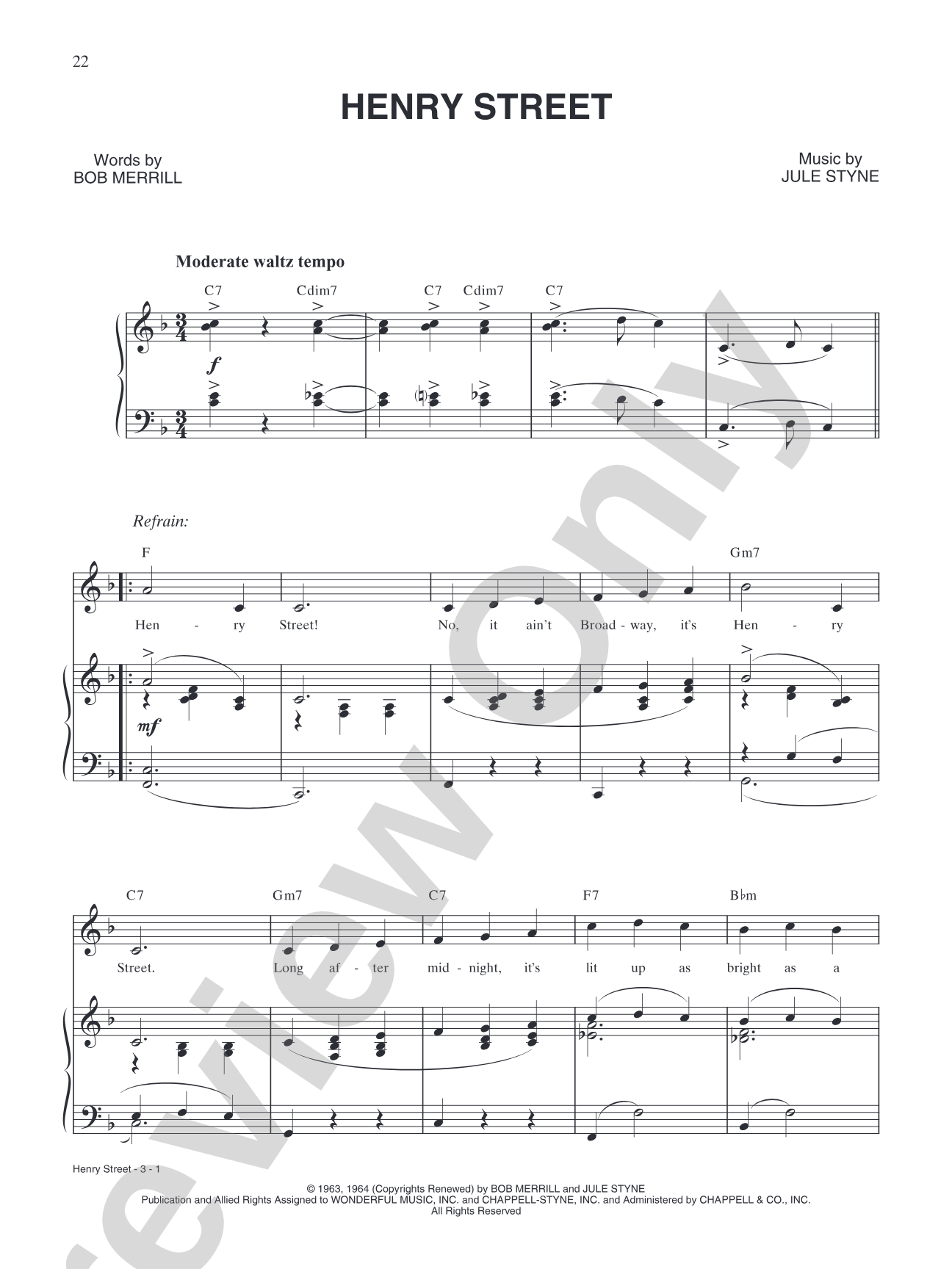 Henry Street (from "Funny Girl"): Piano/Vocal/Chords
