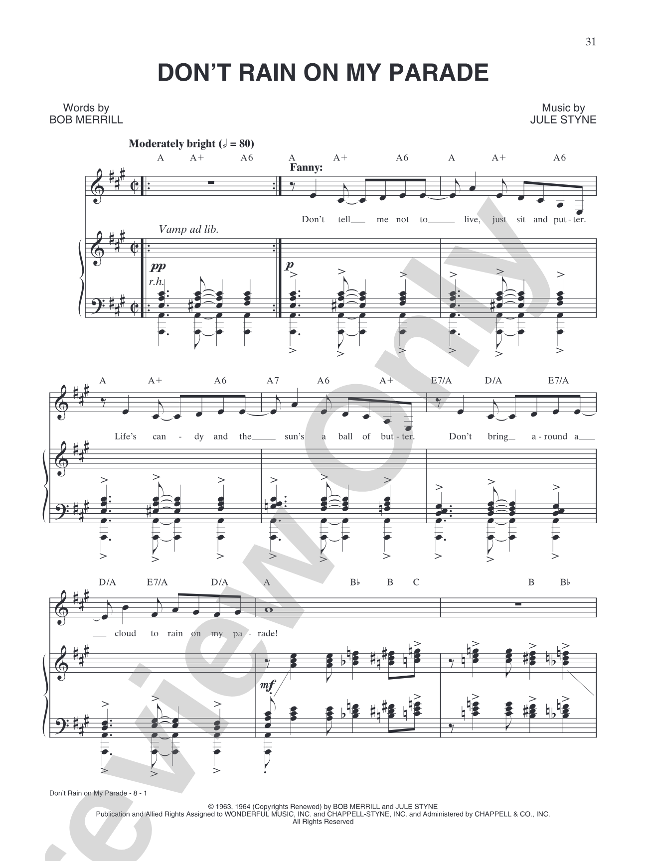 Don't Rain On My Parade (from "Funny Girl"): Piano/Vocal/Chords