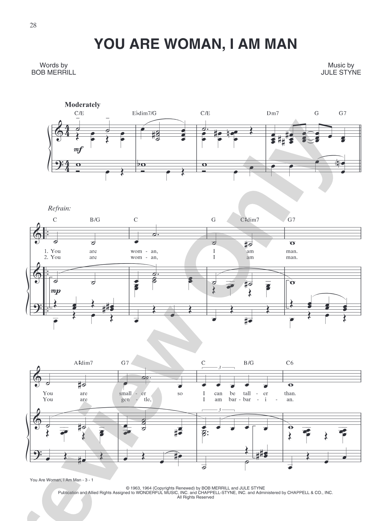 You Are Woman, I Am Man (from "Funny Girl"): Piano/Vocal/Chords
