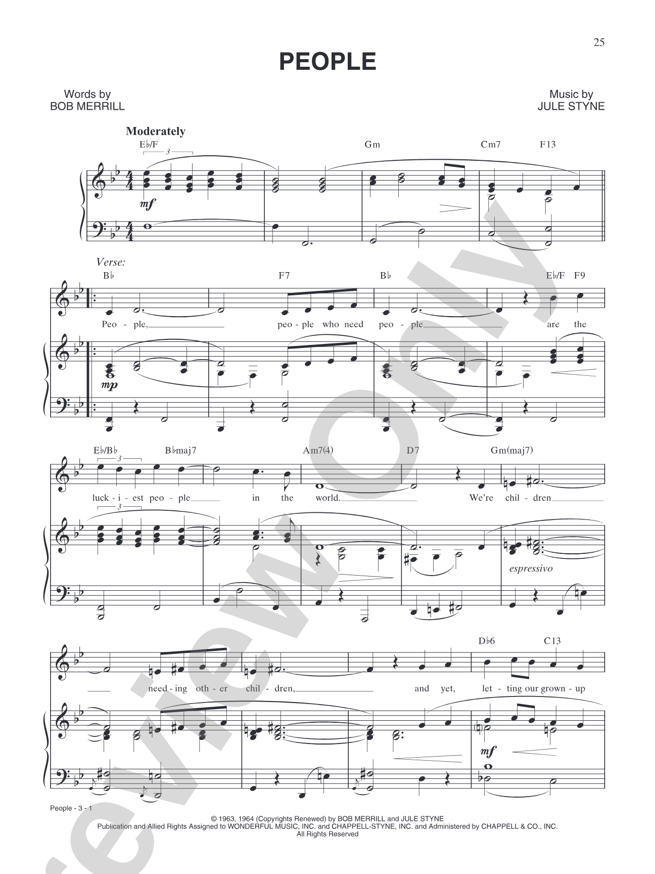 People (from "Funny Girl"): Piano/Vocal/Chords