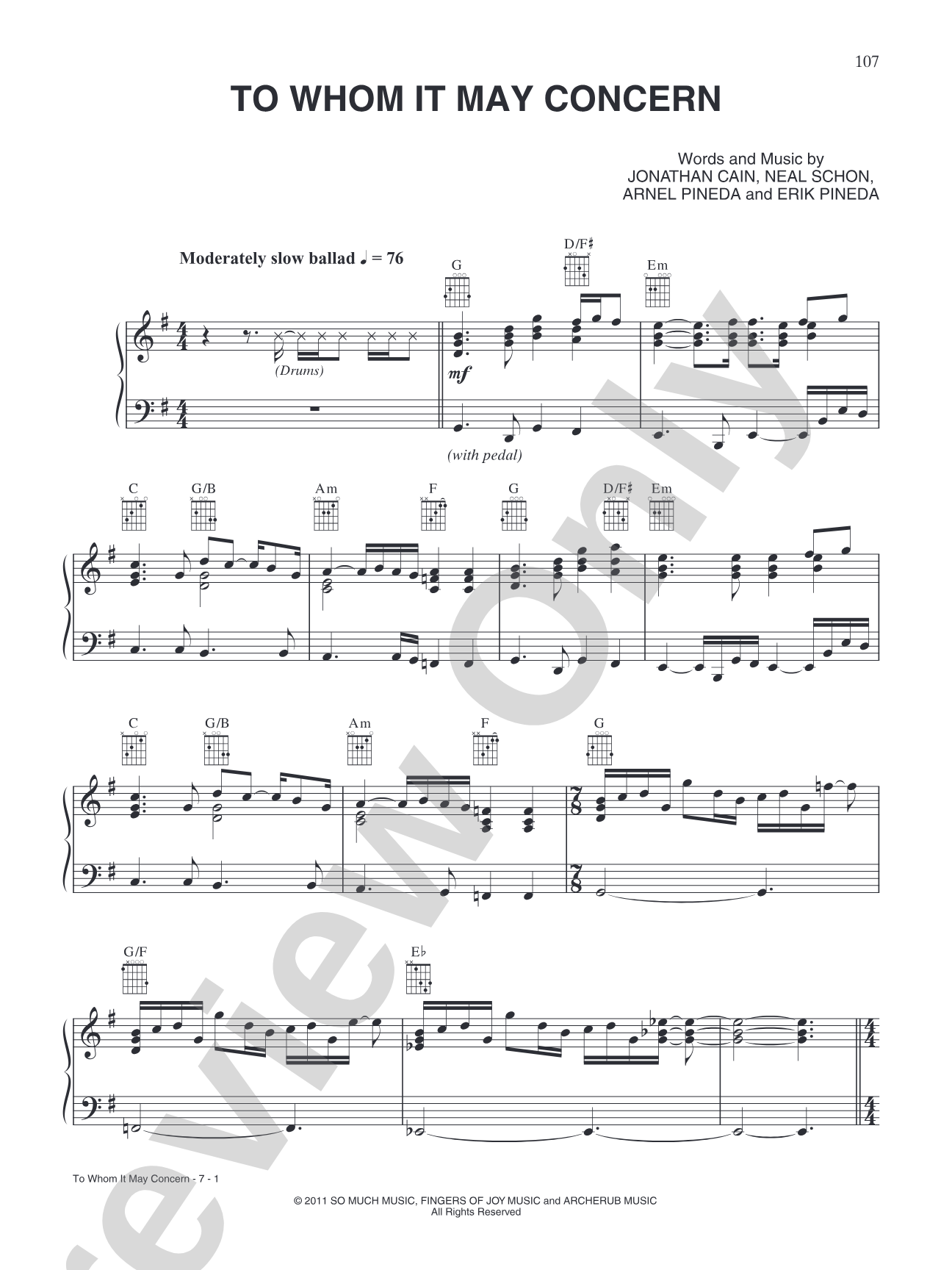 To Whom It May Concern: Piano/Vocal/Chords