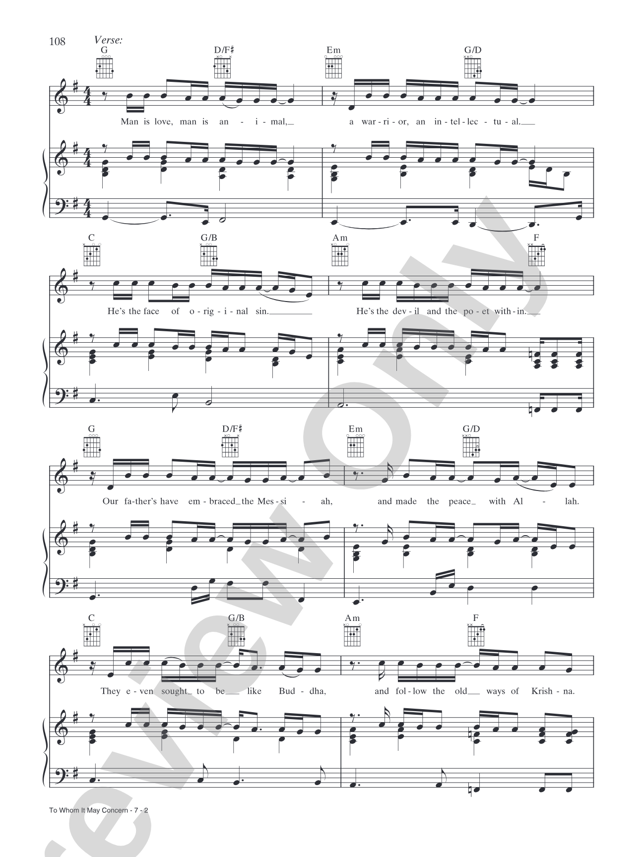 To Whom It May Concern: Piano/Vocal/Chords