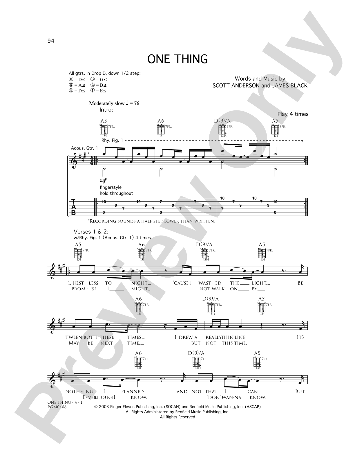 One Thing: Piano/Vocal/Chords