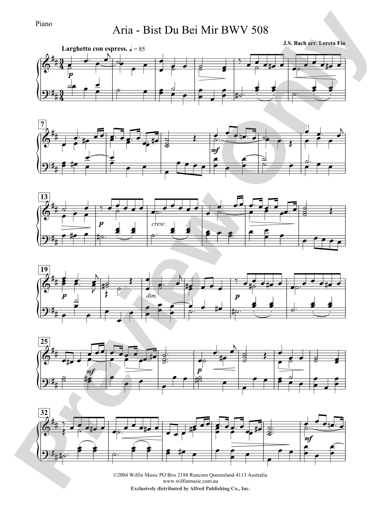 Aria -- Bist Du Bei Mir: Piano Accompaniment