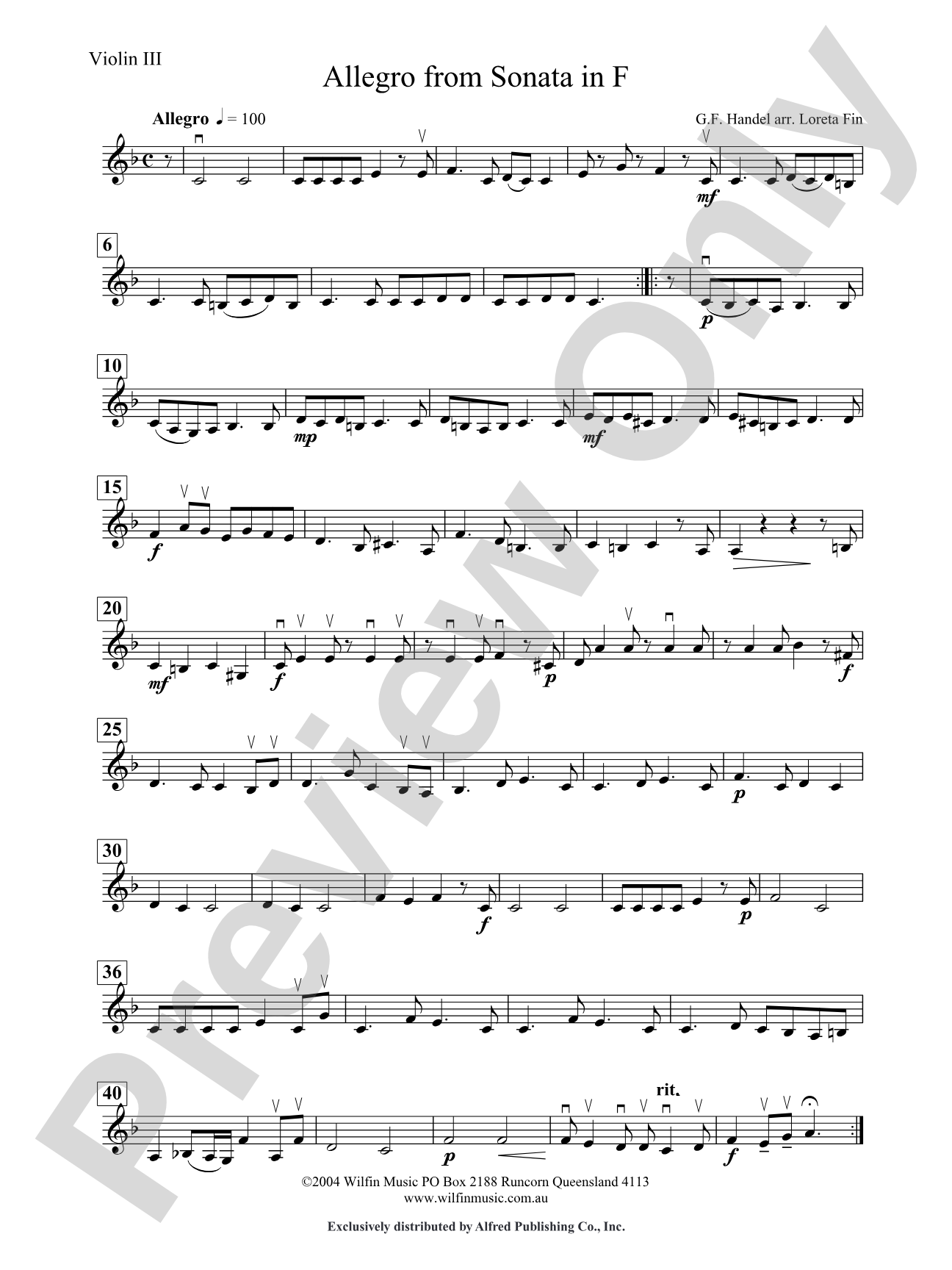 Allegro from Sonata in F: 3rd Violin (Viola [TC])