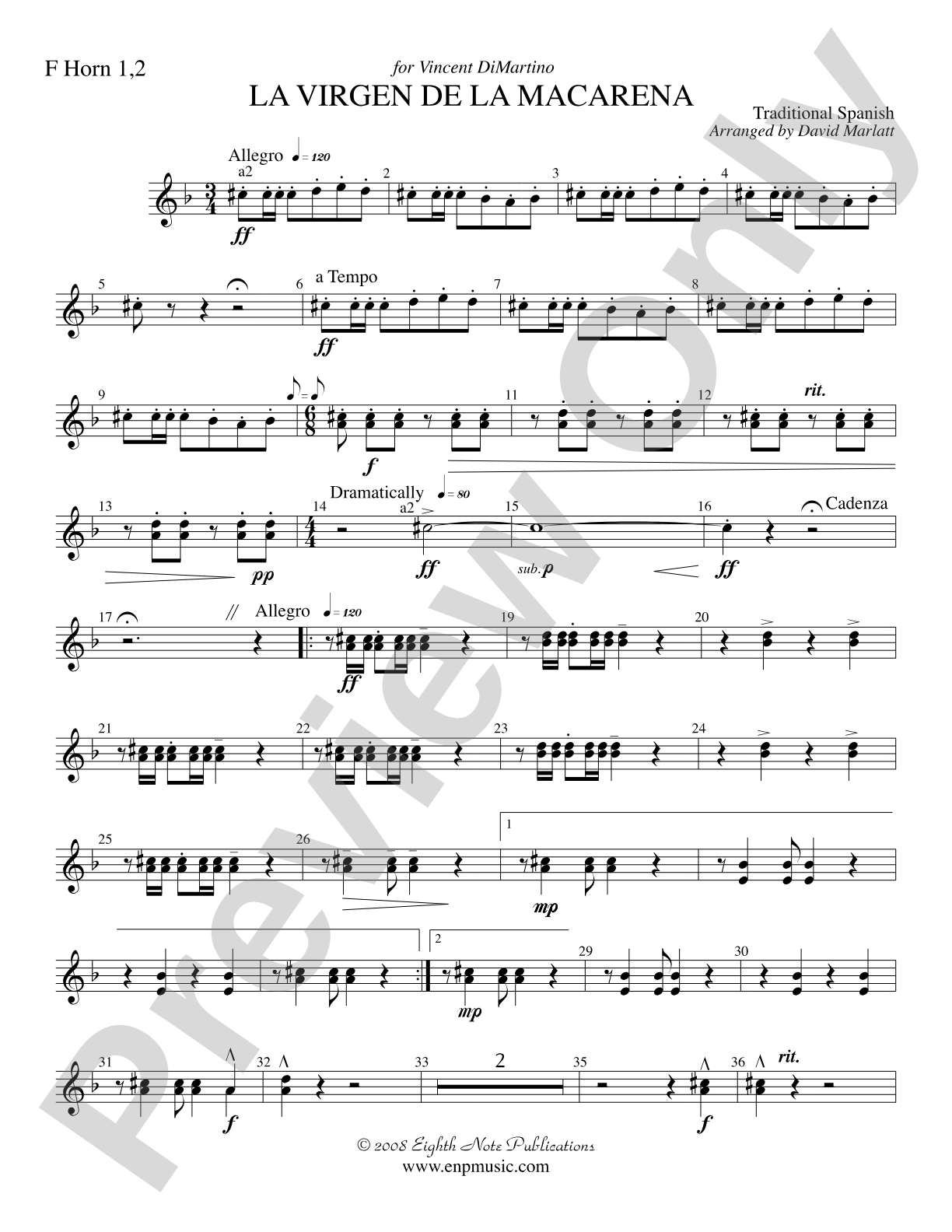 La Virgen de la Macarena (Solo Trumpet and Concert Band): 1st & 2nd F Horns