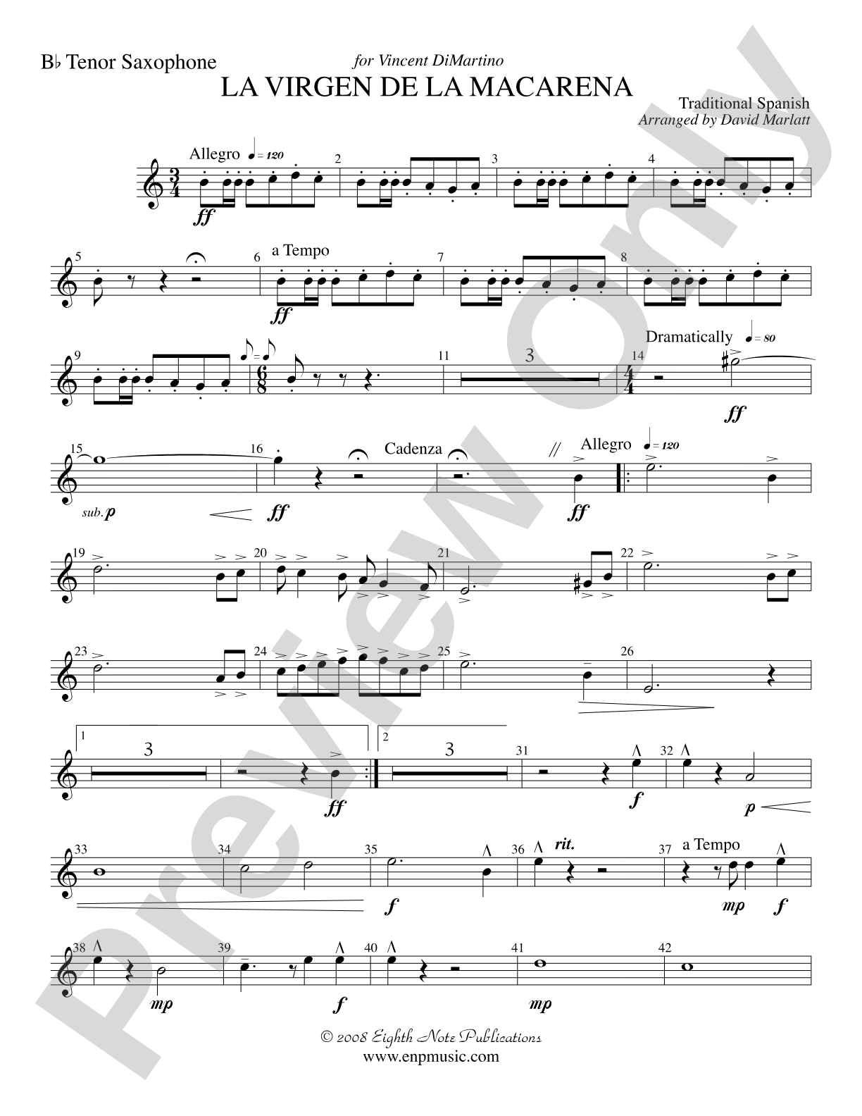 La Virgen de la Macarena (Solo Trumpet and Concert Band): B-flat Tenor Saxophone