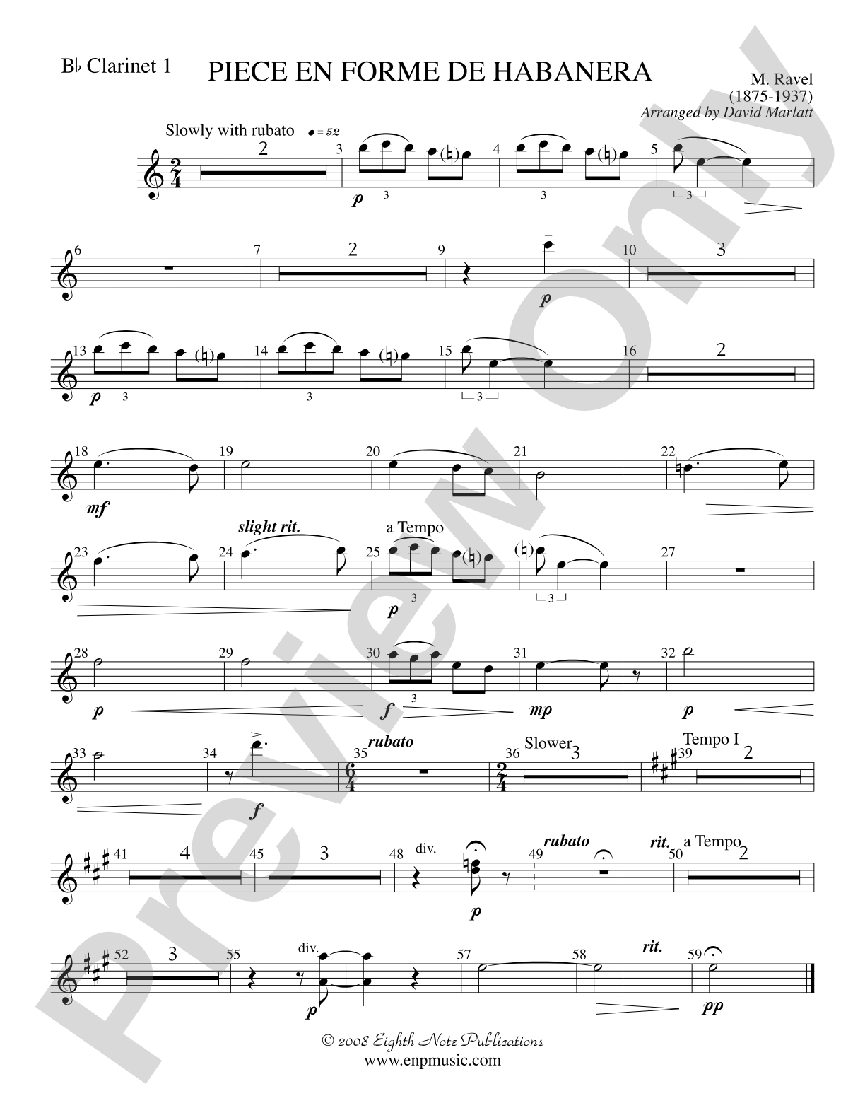 Piece en Forme de Habanera (Soloist and Concert Band): 1st B-flat Clarinet