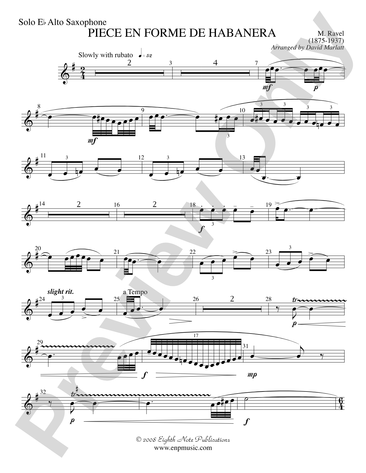 Piece en Forme de Habanera (Soloist and Concert Band): Solo Alto Saxophone