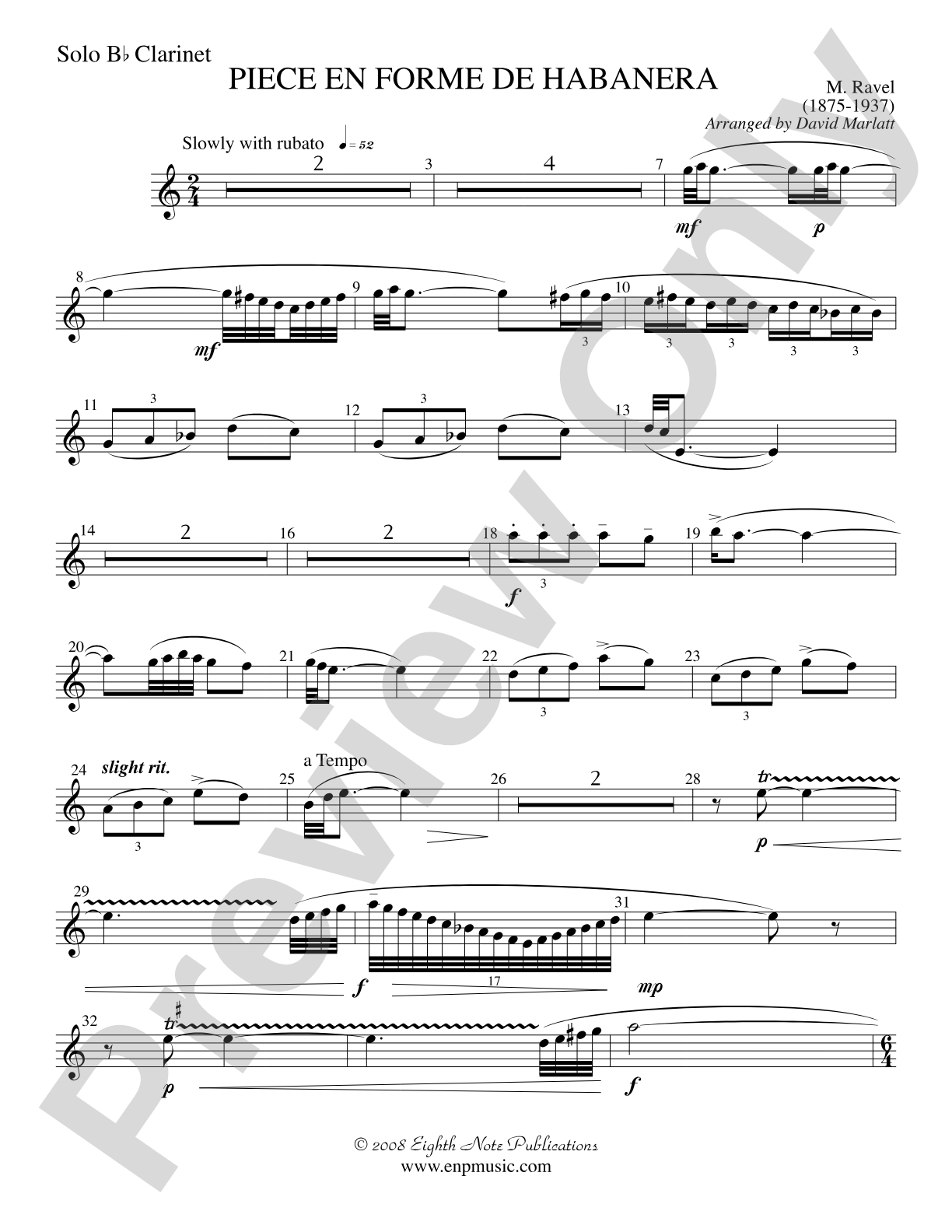 Piece en Forme de Habanera (Soloist and Concert Band): Solo B-flat Clarinet