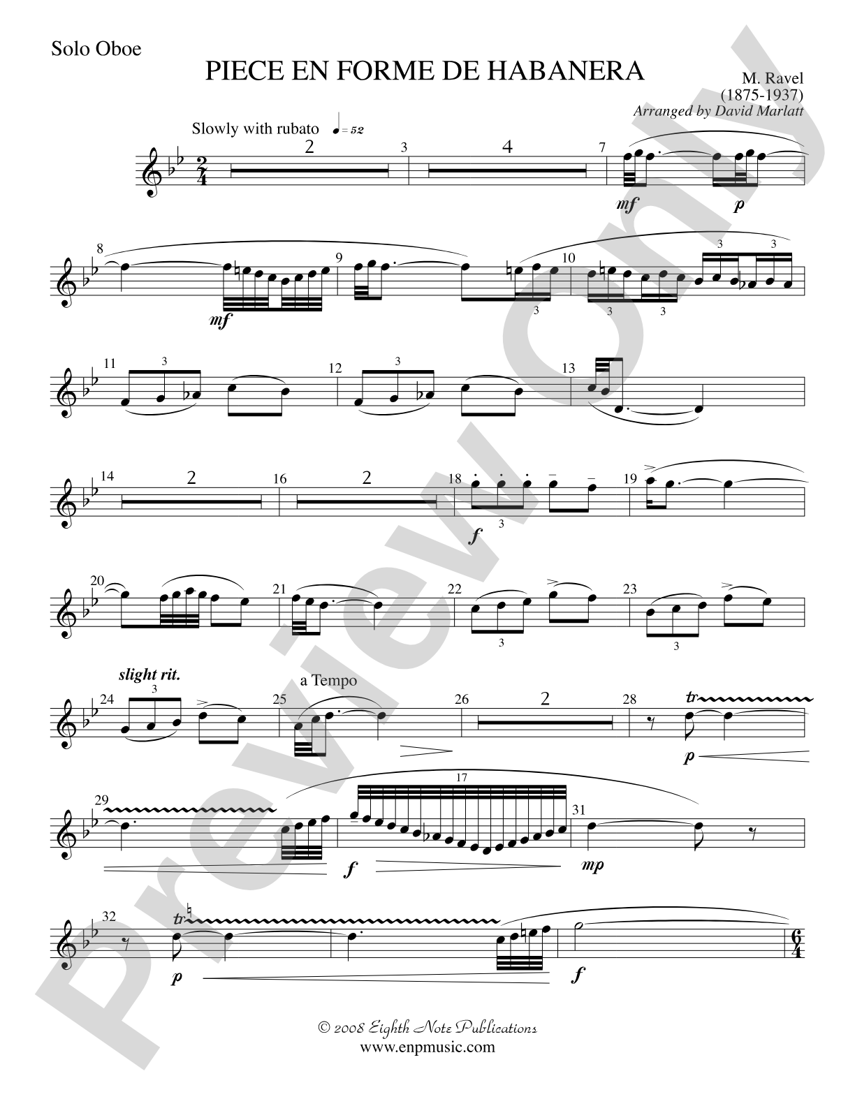 Piece en Forme de Habanera (Soloist and Concert Band): Solo Oboe