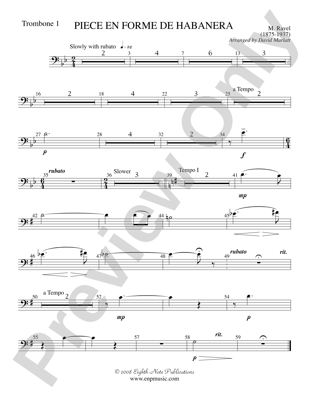 Piece en Forme de Habanera (Soloist and Concert Band): 1st Trombone