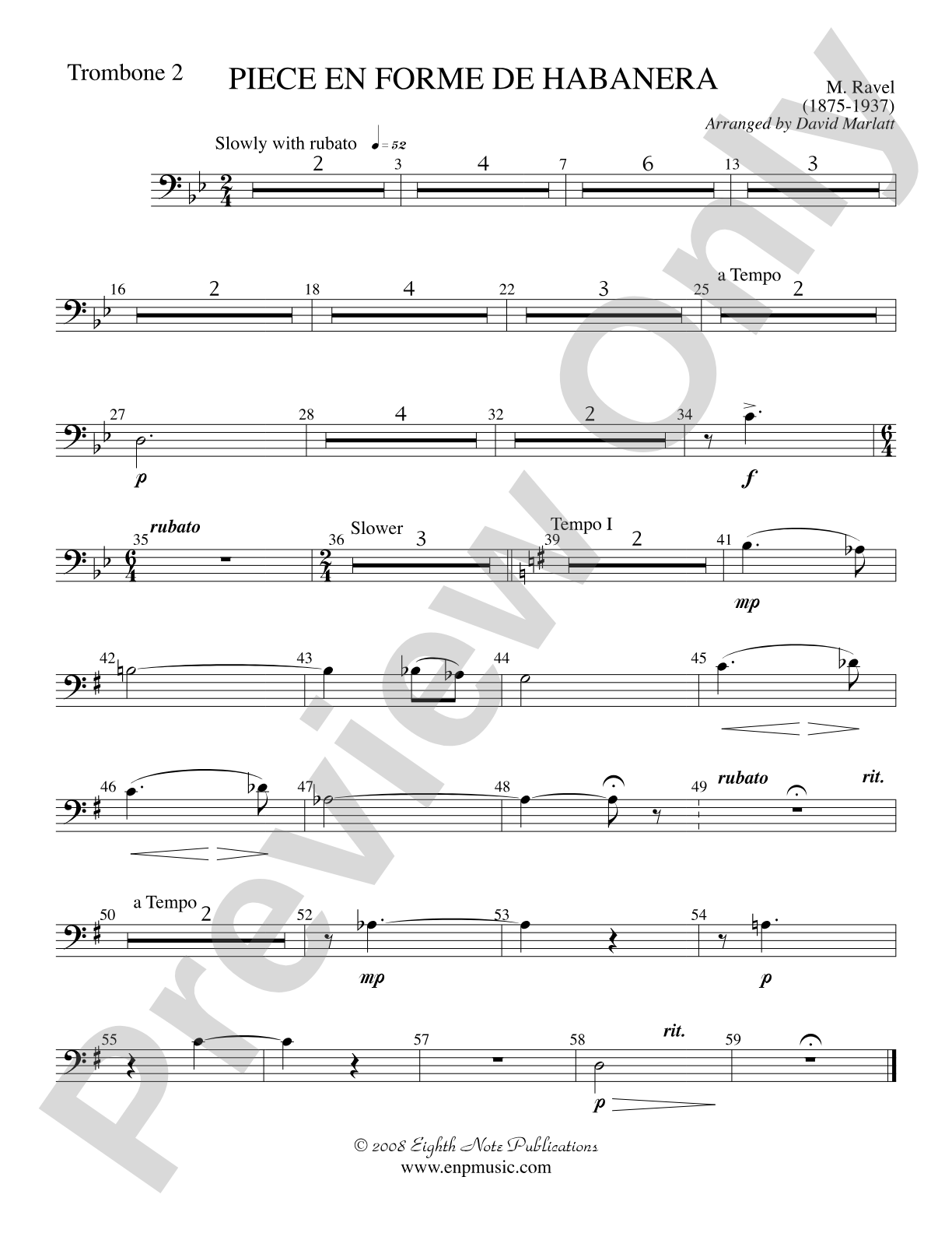 Piece en Forme de Habanera (Soloist and Concert Band): 2nd Trombone