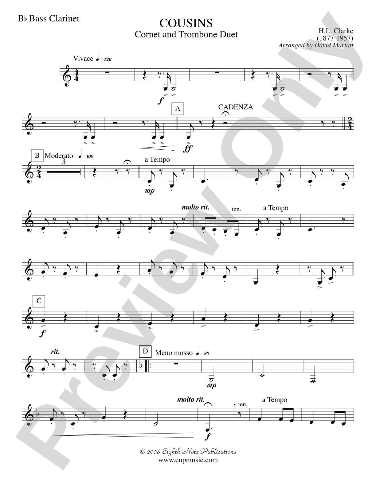 Cousins (Cornet and Trombone Duet and Concert Band): B-flat Bass Clarinet