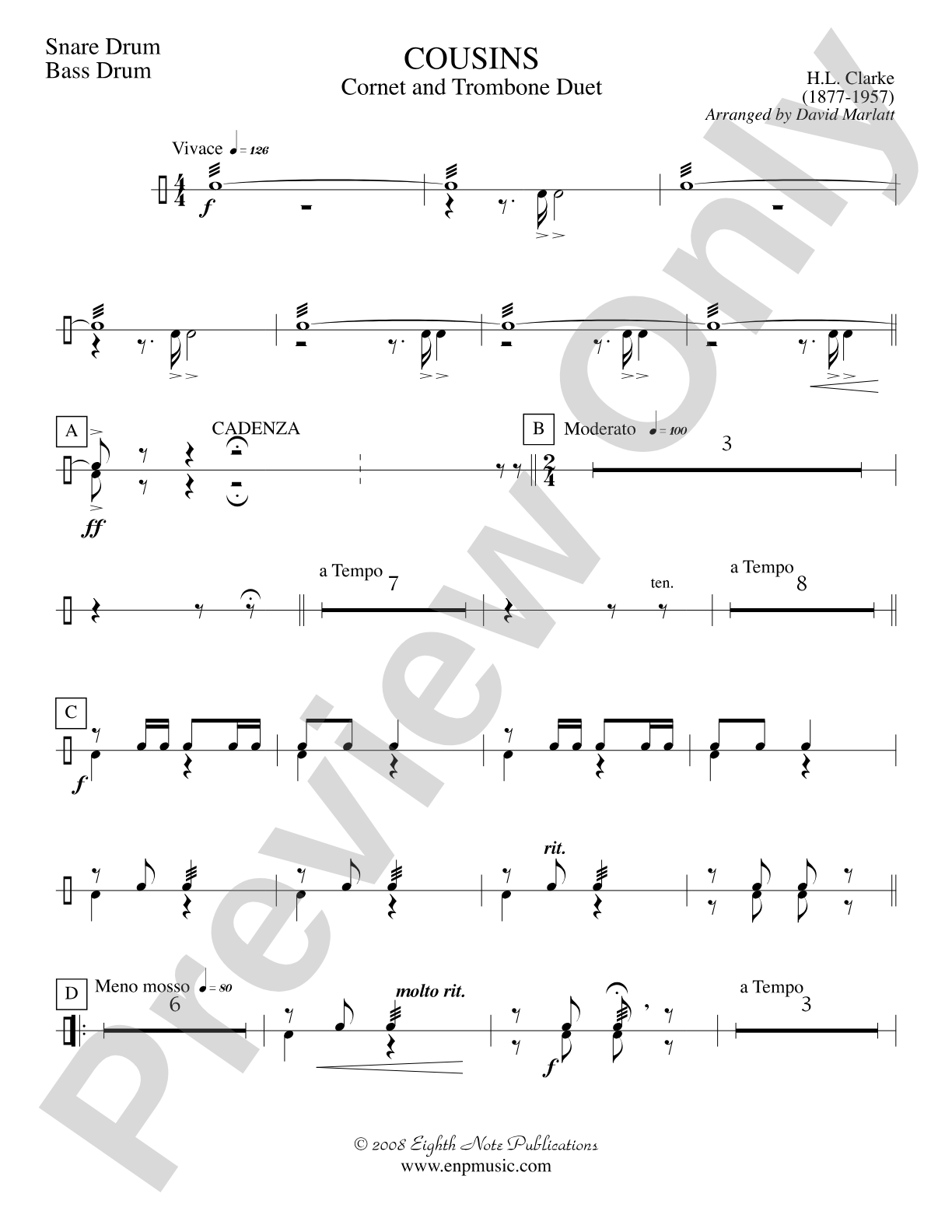 Cousins (Cornet and Trombone Duet and Concert Band): Snare Drum