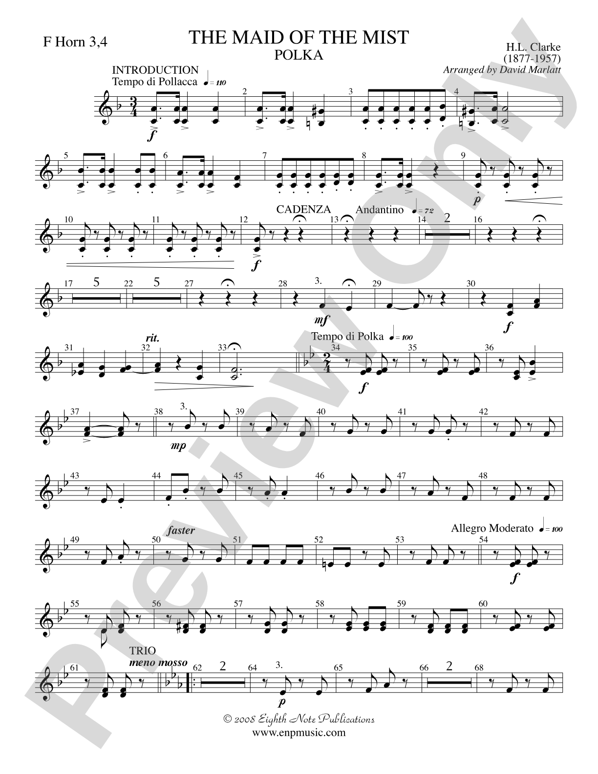The Maid of the Mist (Solo Cornet and Concert Band): 3rd & 4th F Horns