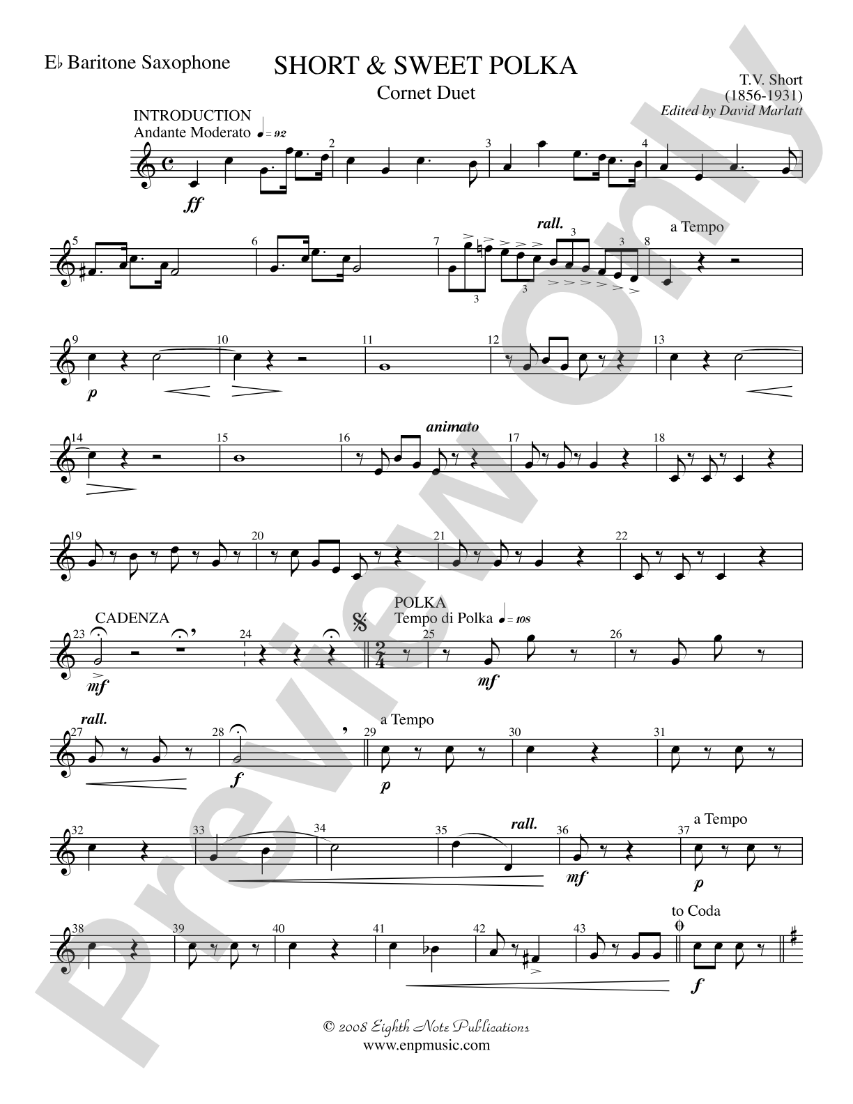 Short and Sweet (Cornet Duet and Concert Band): E-flat Baritone Saxophone