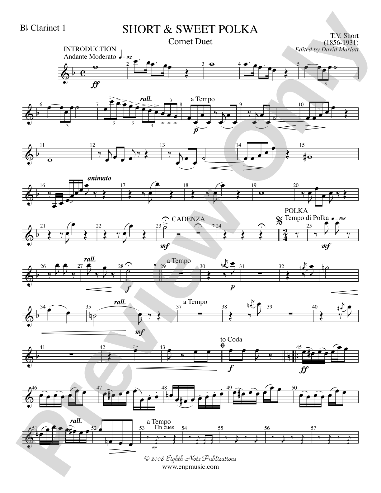 Short and Sweet (Cornet Duet and Concert Band): 1st B-flat Clarinet