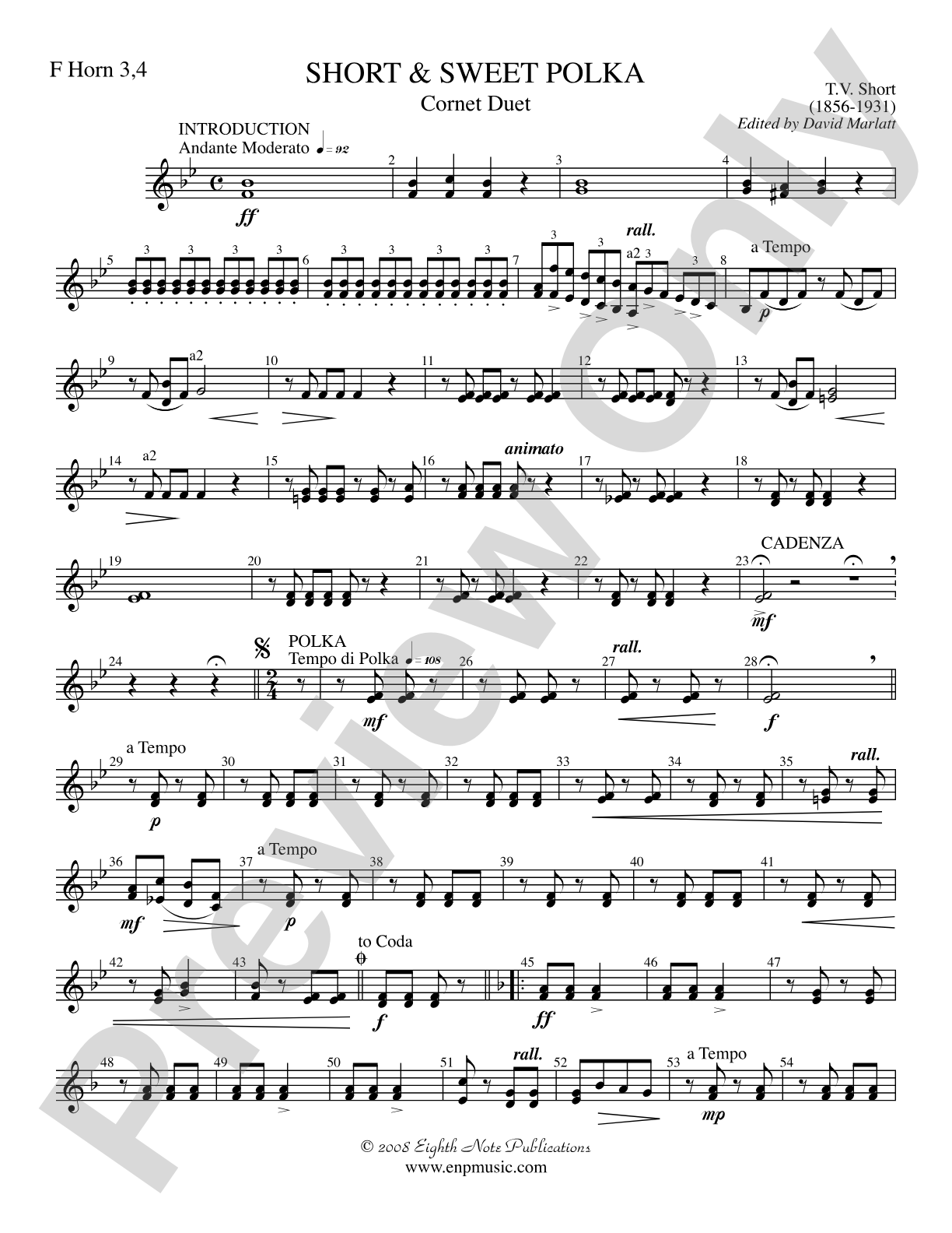 Short and Sweet (Cornet Duet and Concert Band): 3rd & 4th F Horns