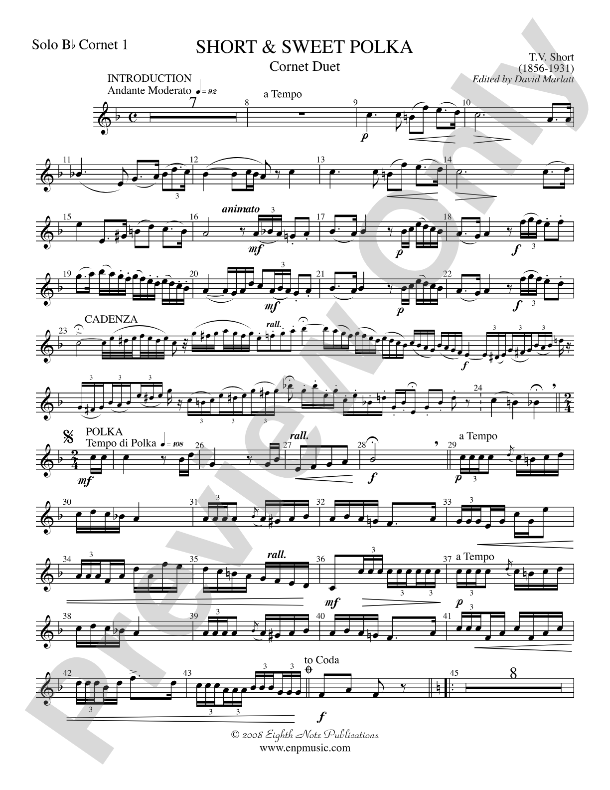 Short and Sweet (Cornet Duet and Concert Band): Solo 1st B-flat Cornet