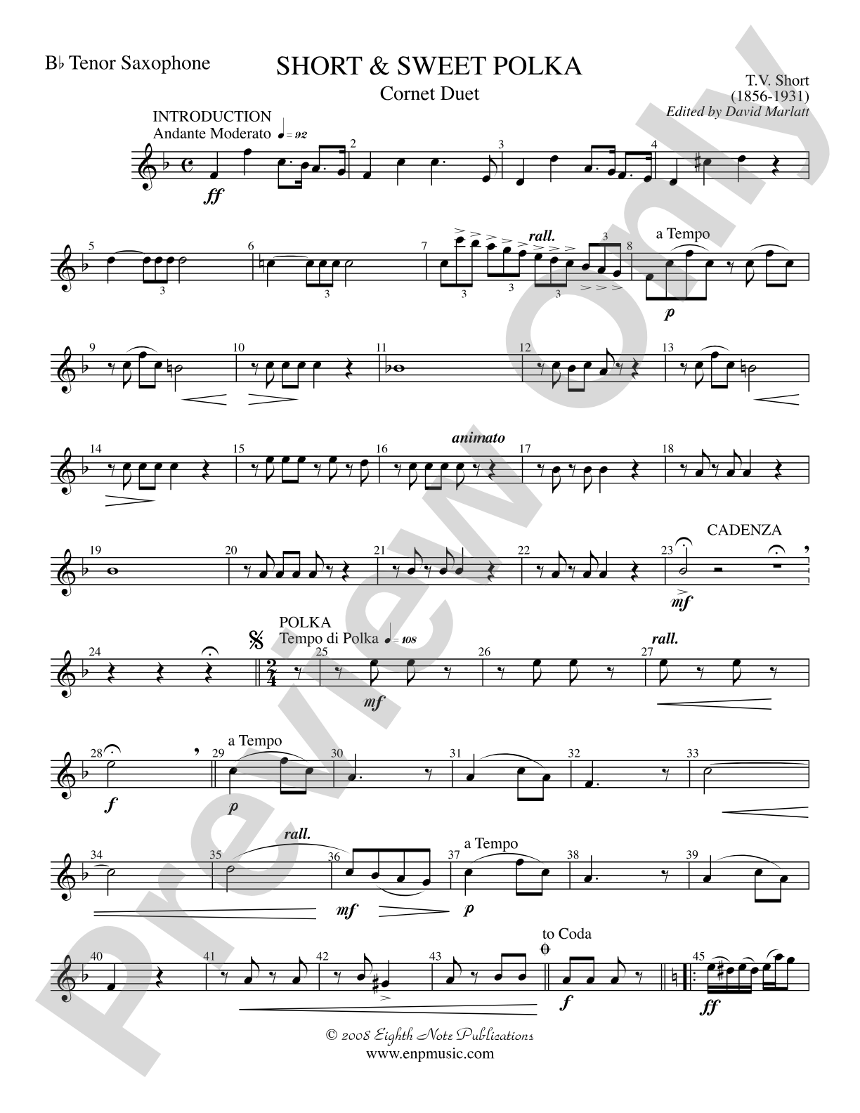 Short and Sweet (Cornet Duet and Concert Band): B-flat Tenor Saxophone