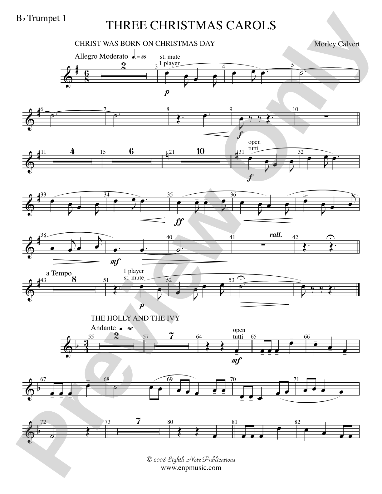Three Christmas Carols: 1st B-flat Trumpet