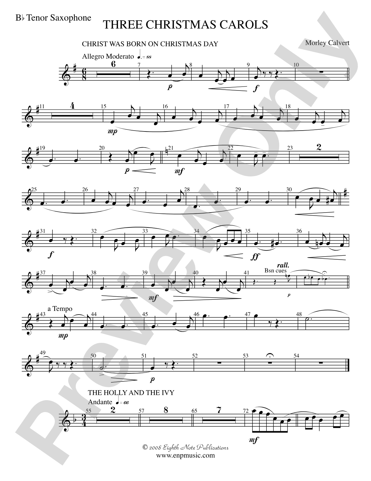 Three Christmas Carols: B-flat Tenor Saxophone