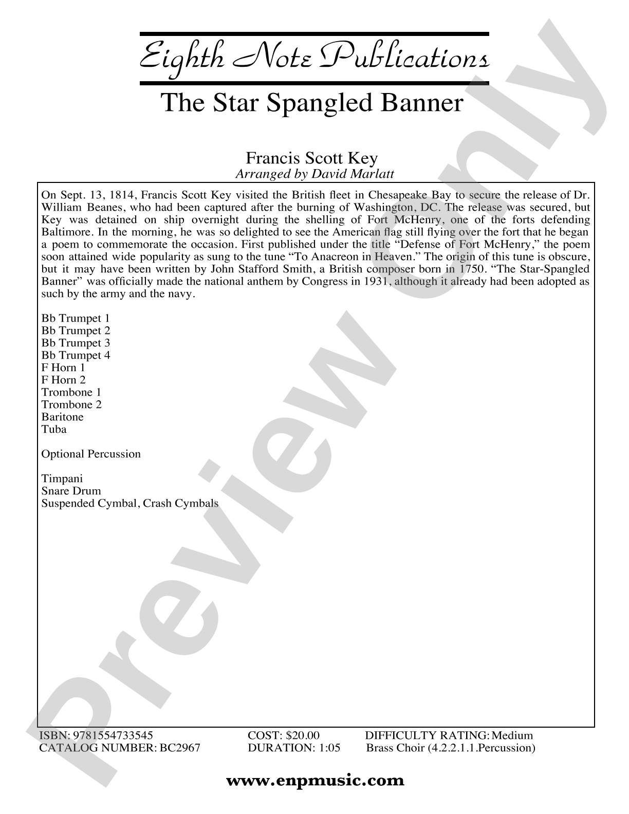 The Star Spangled Banner: Brass Choir Score & Parts