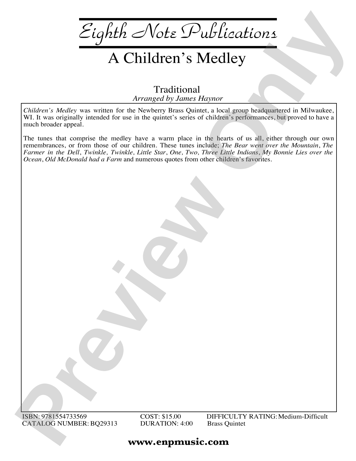 A Children's Medley: Brass Quintet Score & Parts