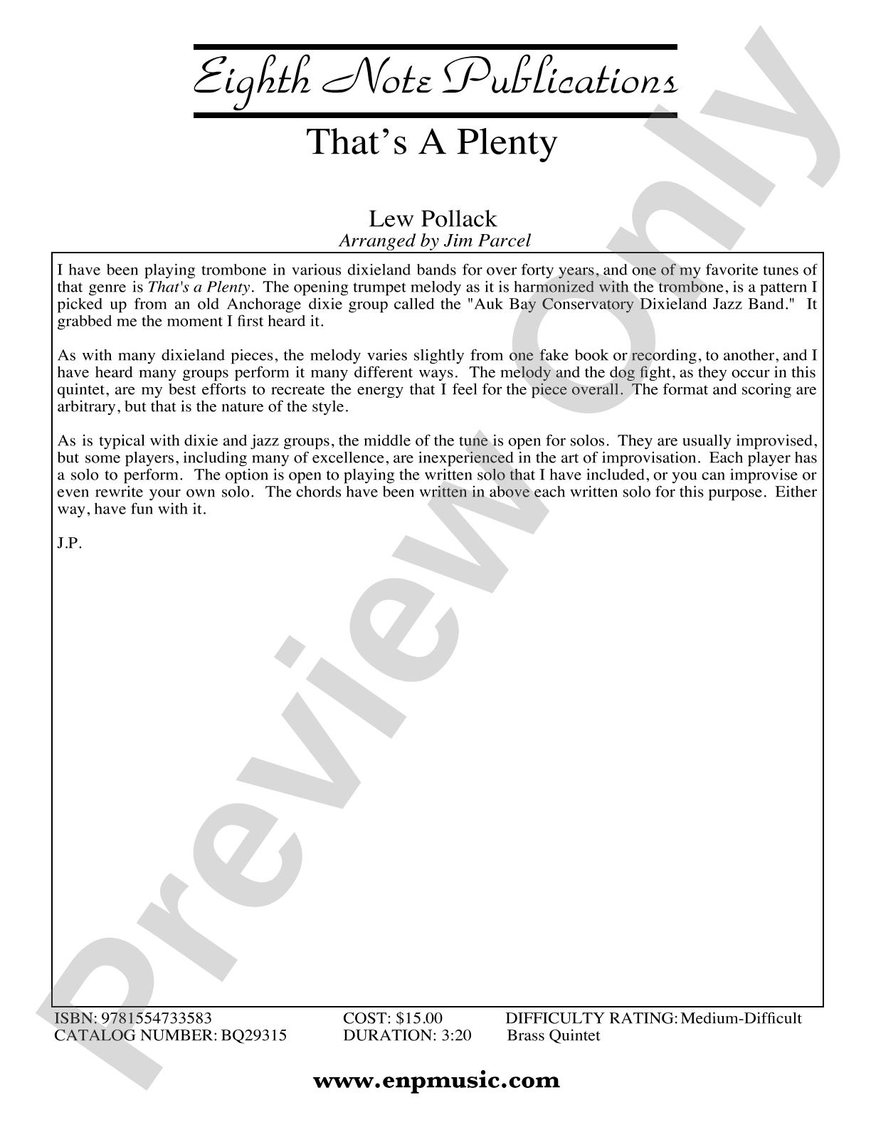 That's a Plenty: Brass Quintet Score & Parts