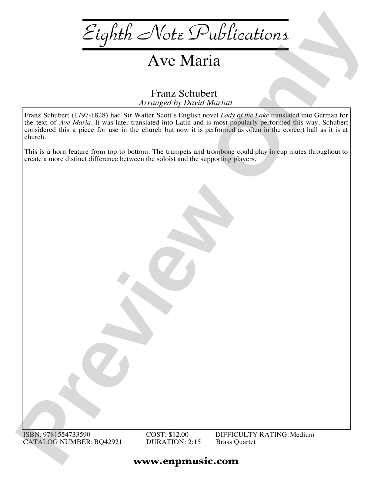 Ave Maria: Brass Quartet Score & Parts