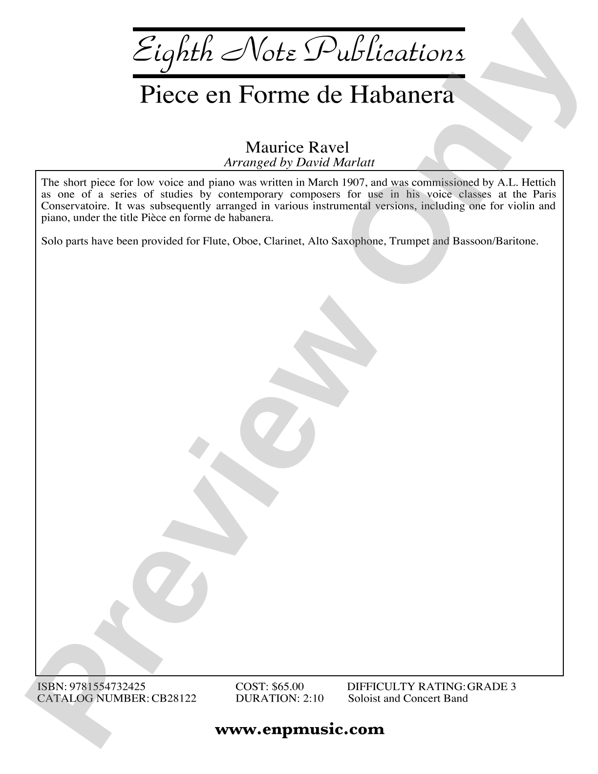 Piece en Forme de Habanera (Soloist and Concert Band): Concert Band Conductor Score & Parts