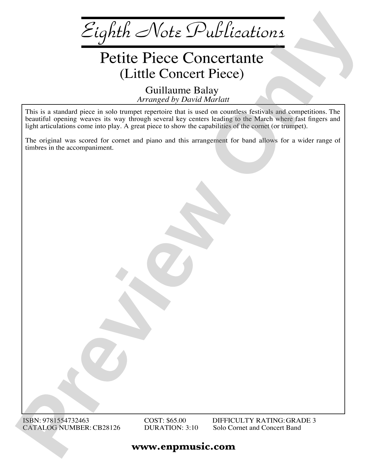Petite Piece Concertante (Little Concert Piece) (Solo Cornet and Concert Band): Concert Band Conductor Score & Parts
