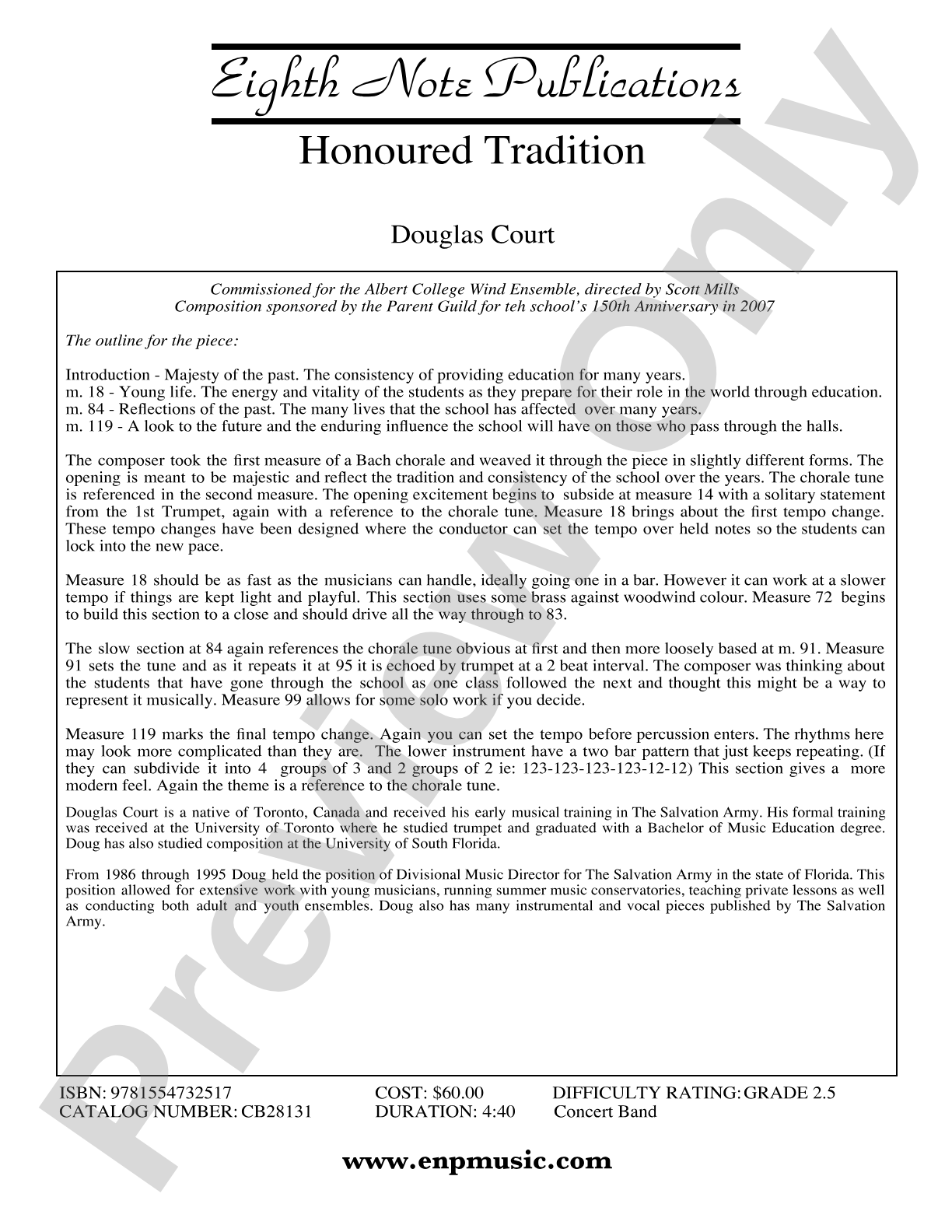 Honoured Tradition: Concert Band Conductor Score & Parts