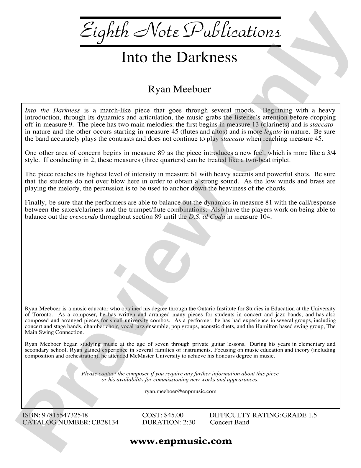 Into the Darkness: Concert Band Conductor Score & Parts