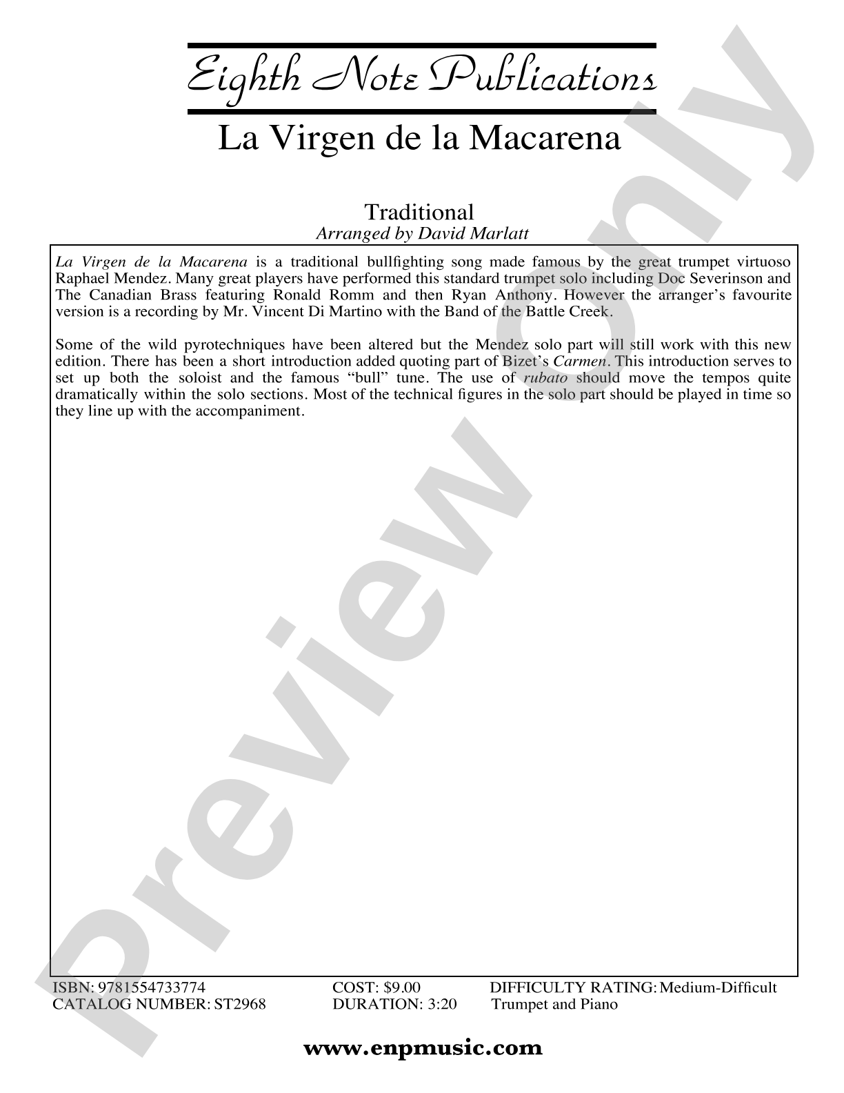 LA VIRGEN DE LA MACARENA/TR AND PNO: Trumpet & Keyboard Part(s)