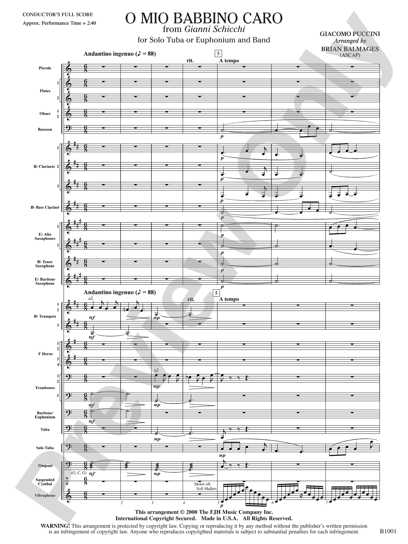 O Mio Babbino Caro (from Puccini's <i>Gianni Schicchi</i>): Concert Band Conductor Score & Parts
